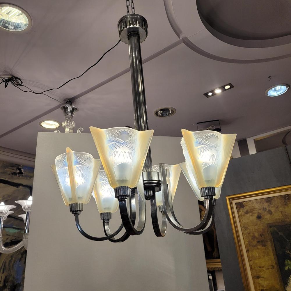 Pendant Light in Glass and Nickel-Plated Metal from Atelier Petitot Paris, 1930s