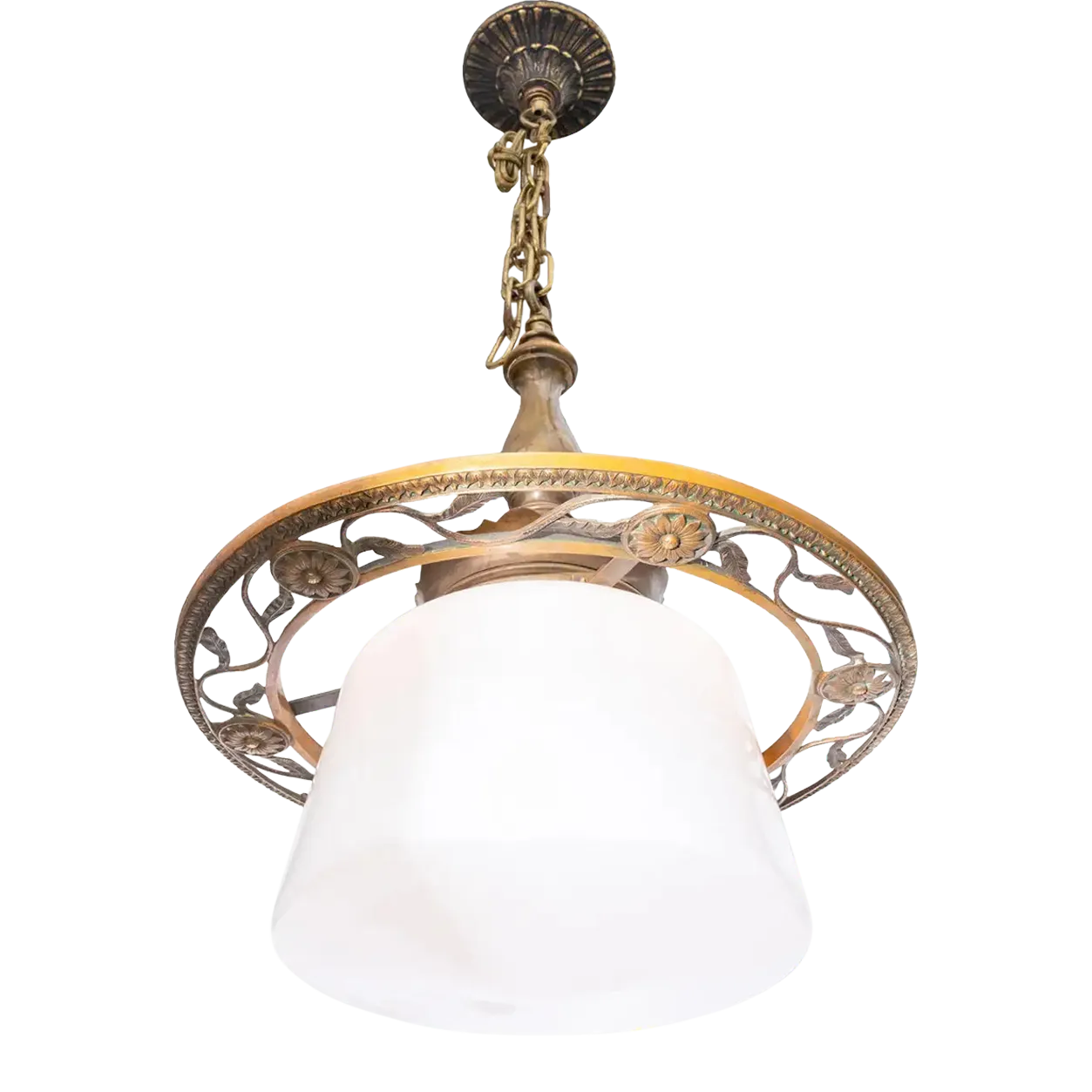 Antique Arts and Crafts Schoolhouse Bronze Fixture With Milk Glass