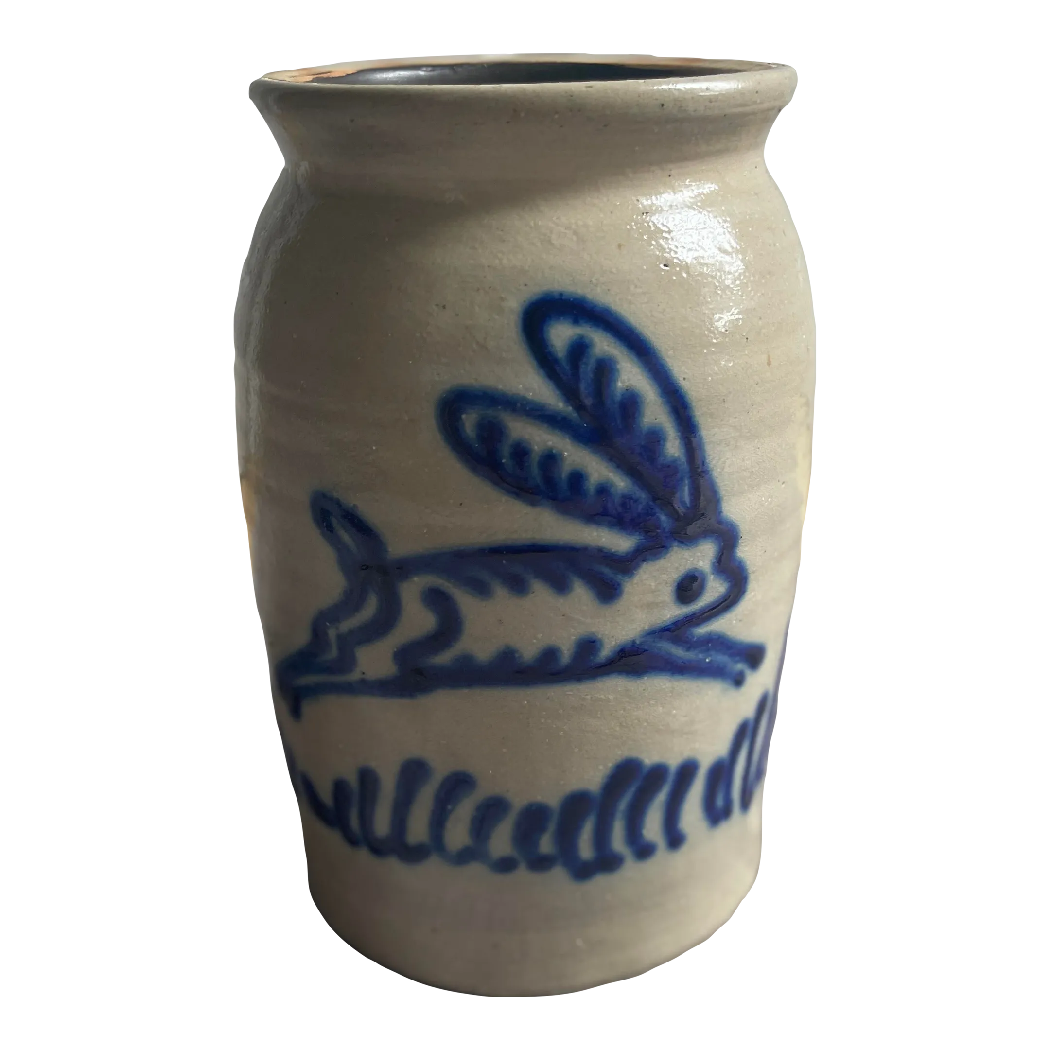 Vintage Stoneware Pottery Jar Crock Salt Glaze Cobalt Blue Bunny Rabbit ...