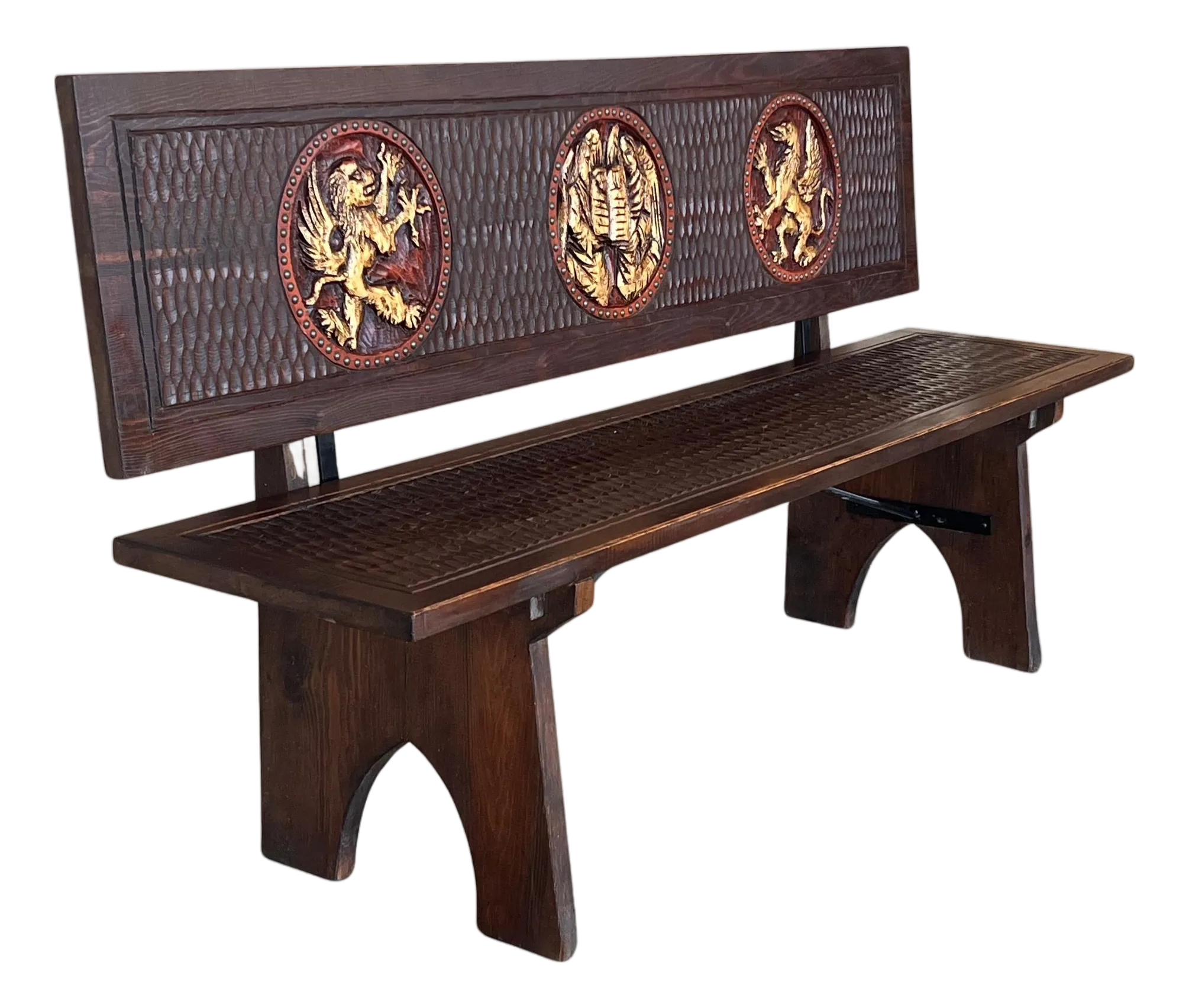 20th Century Spanish Renaissance Carved Walnut Bench Banquette \