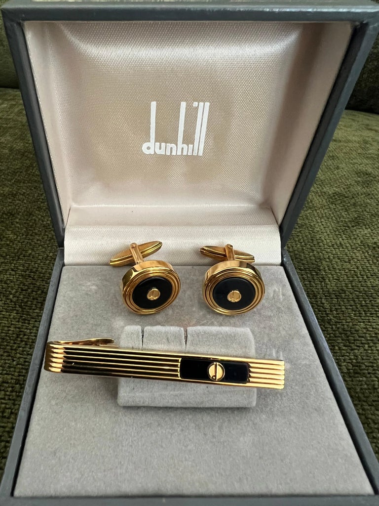 Rare Vintage Dunhill Cufflinks & Tie Clip Gold Plated, Onyx With 