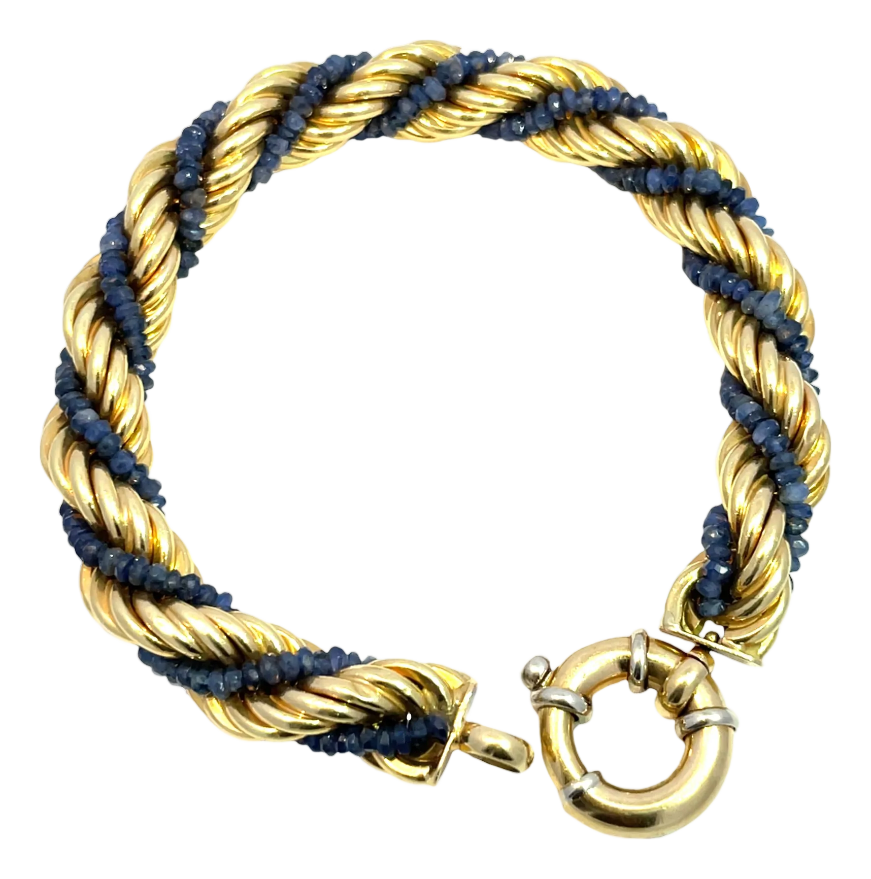 18k Yellow Gold Rope Bracelet With Blue Sapphire Accents