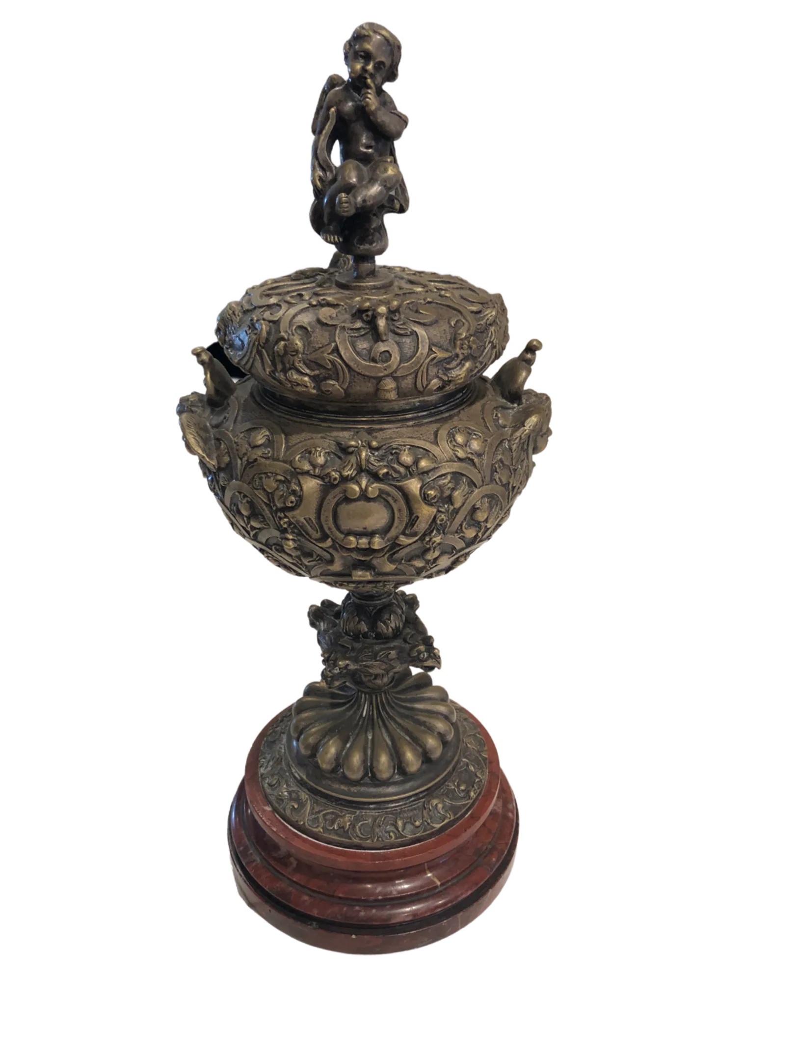 Late 19th Century Silver-Tone Metal Ornate Urn With Marble Base