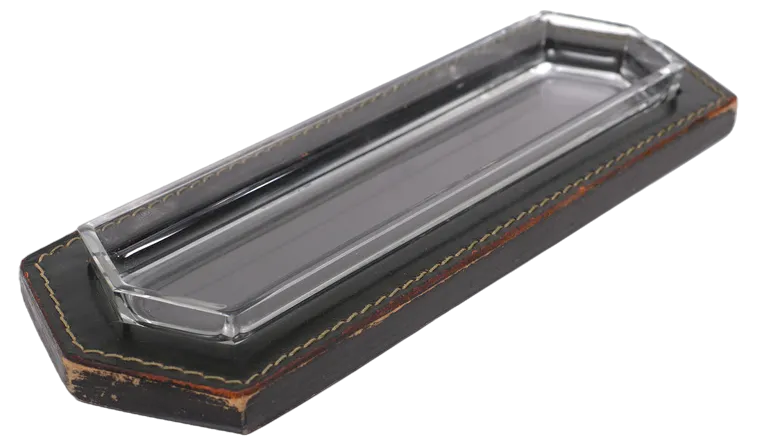 Stich Leather Pencil Holder with Crystal Tray, France, 1950s