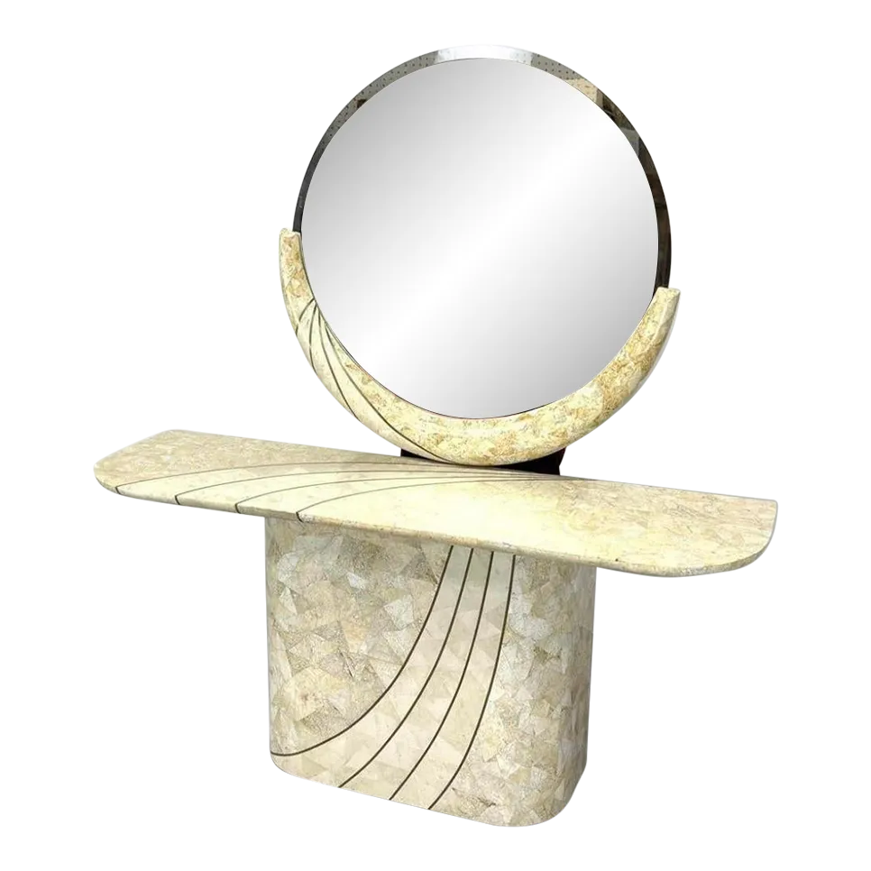 1970s Tessellated Marble Veneer Pedestal Base Console Table with Mirror