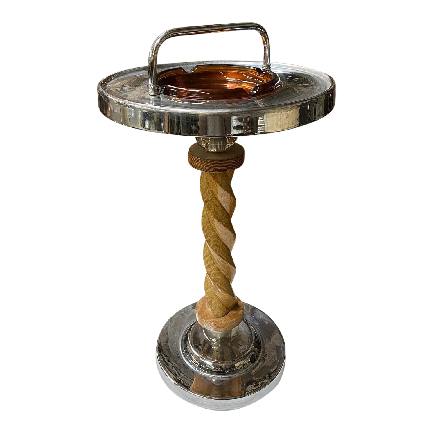 Chrome Early Mid Century Amber Glass "Twist" Oak Ashtray Stand Chairish