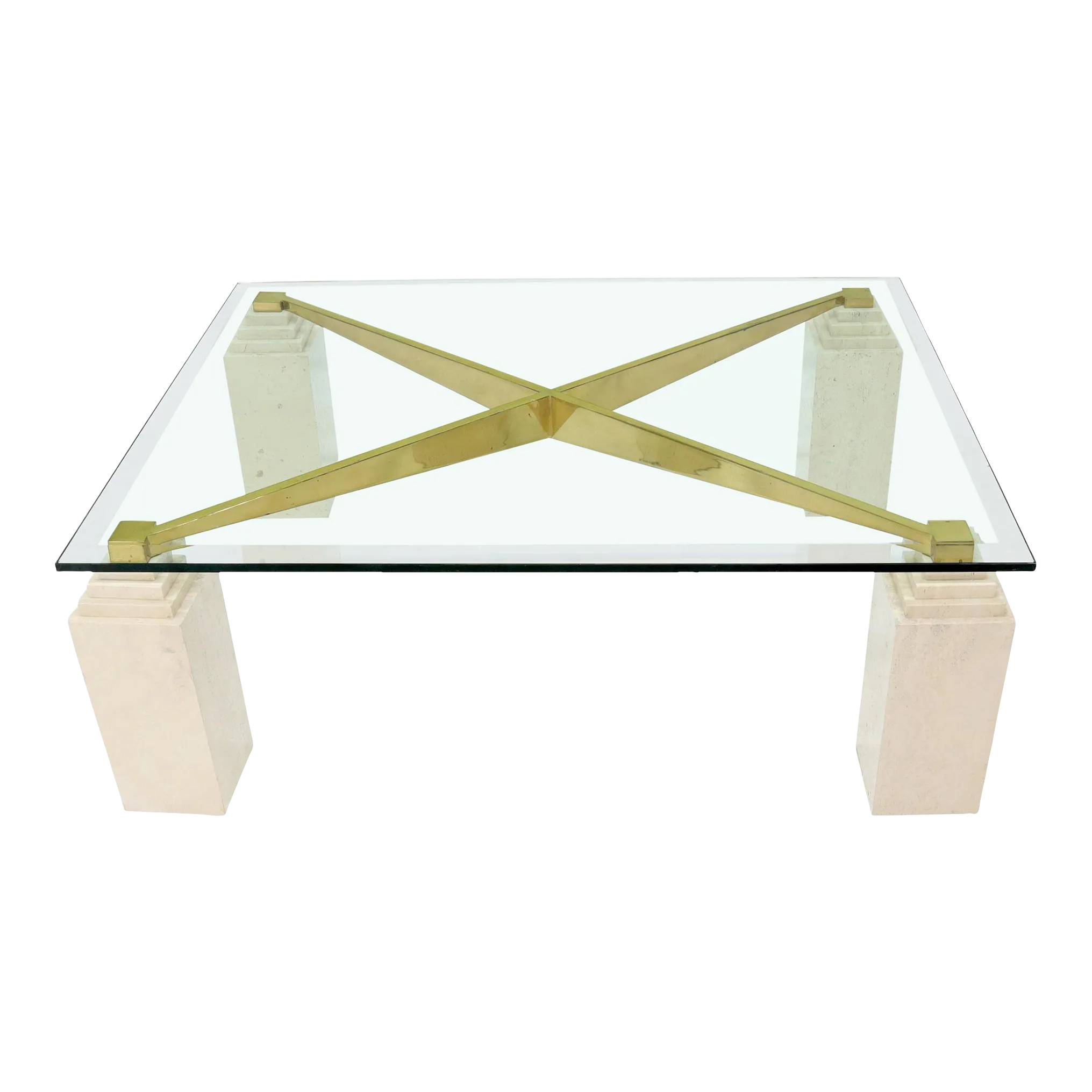 Square Travertine Legs Brass X Shape Base Glass Top Coffee Table Chairish