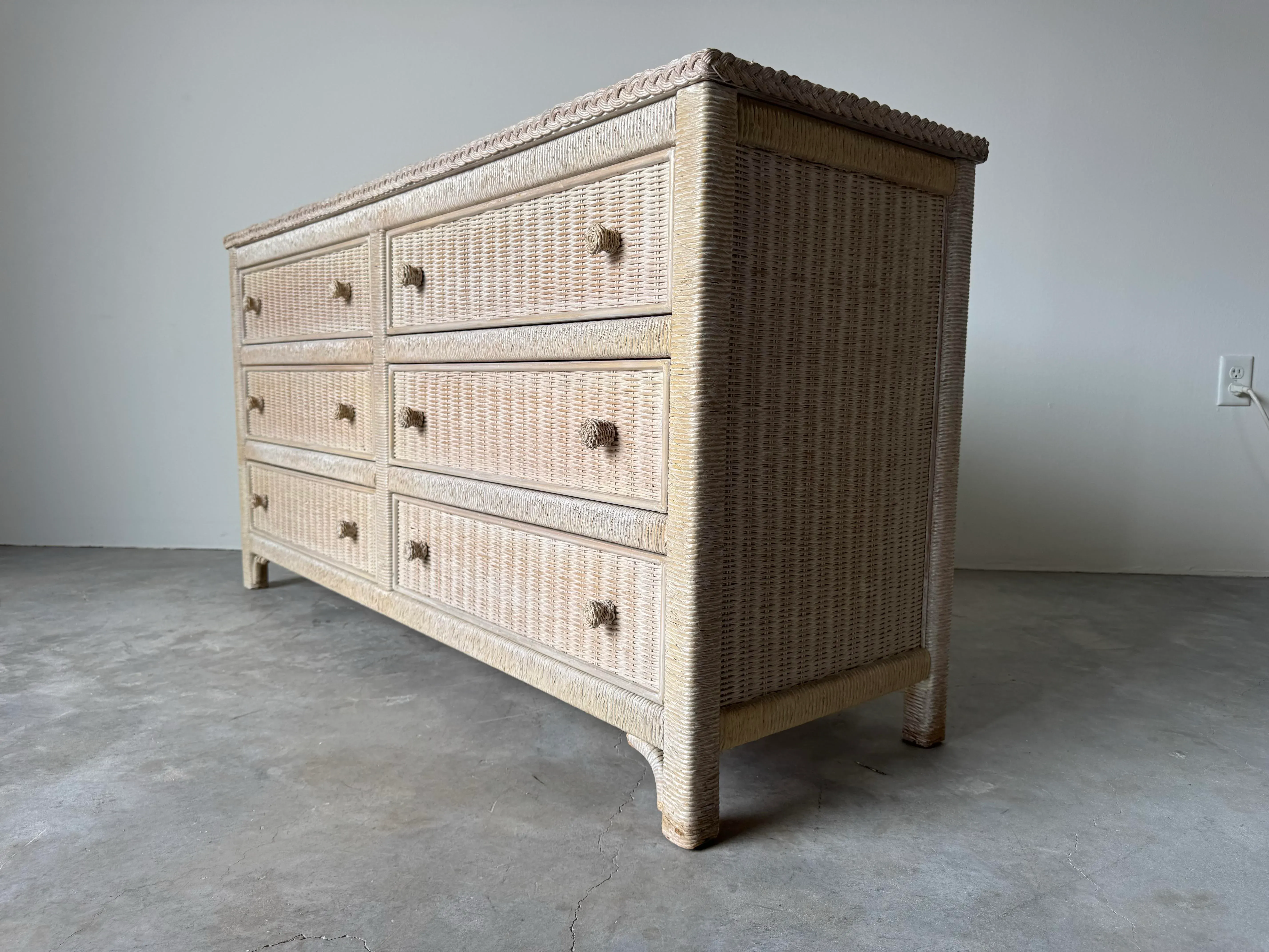 Vintage Coastal Henry Link Woven Wicker 6-Drawer Dresser | Chairish
