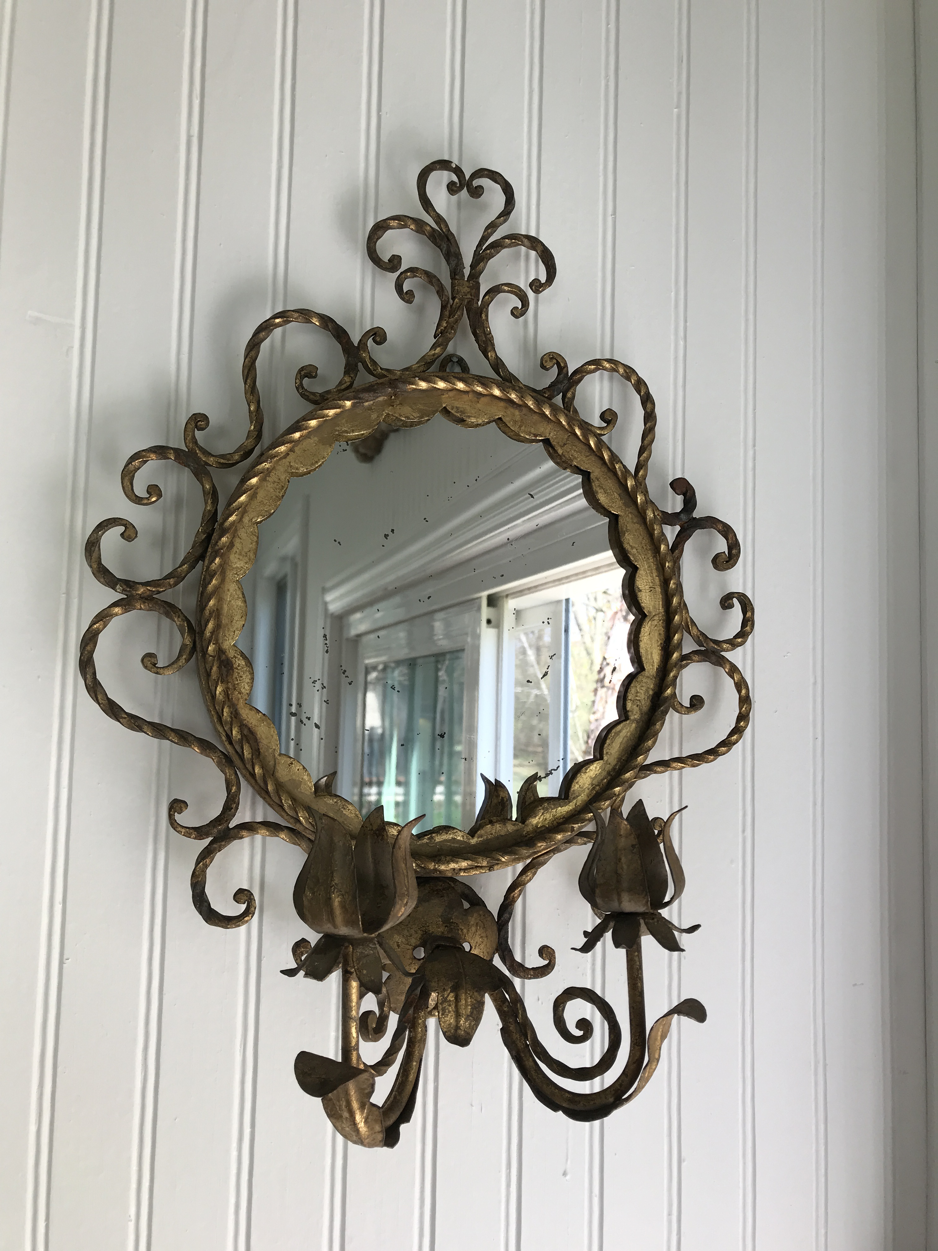 Hollywood Regency Shabby Italian Wrought Iron Wall Mirror