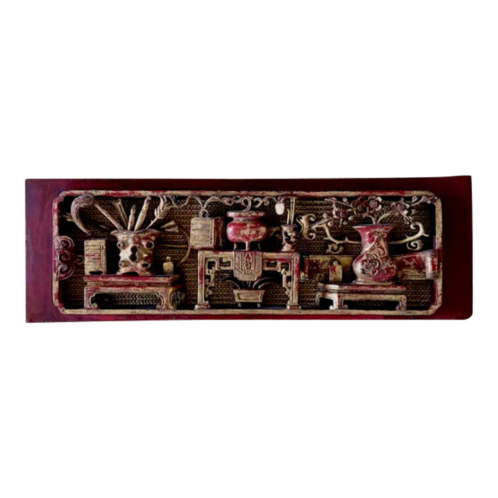 Richly Colored Vintage Chinese Carved Wood Panel
