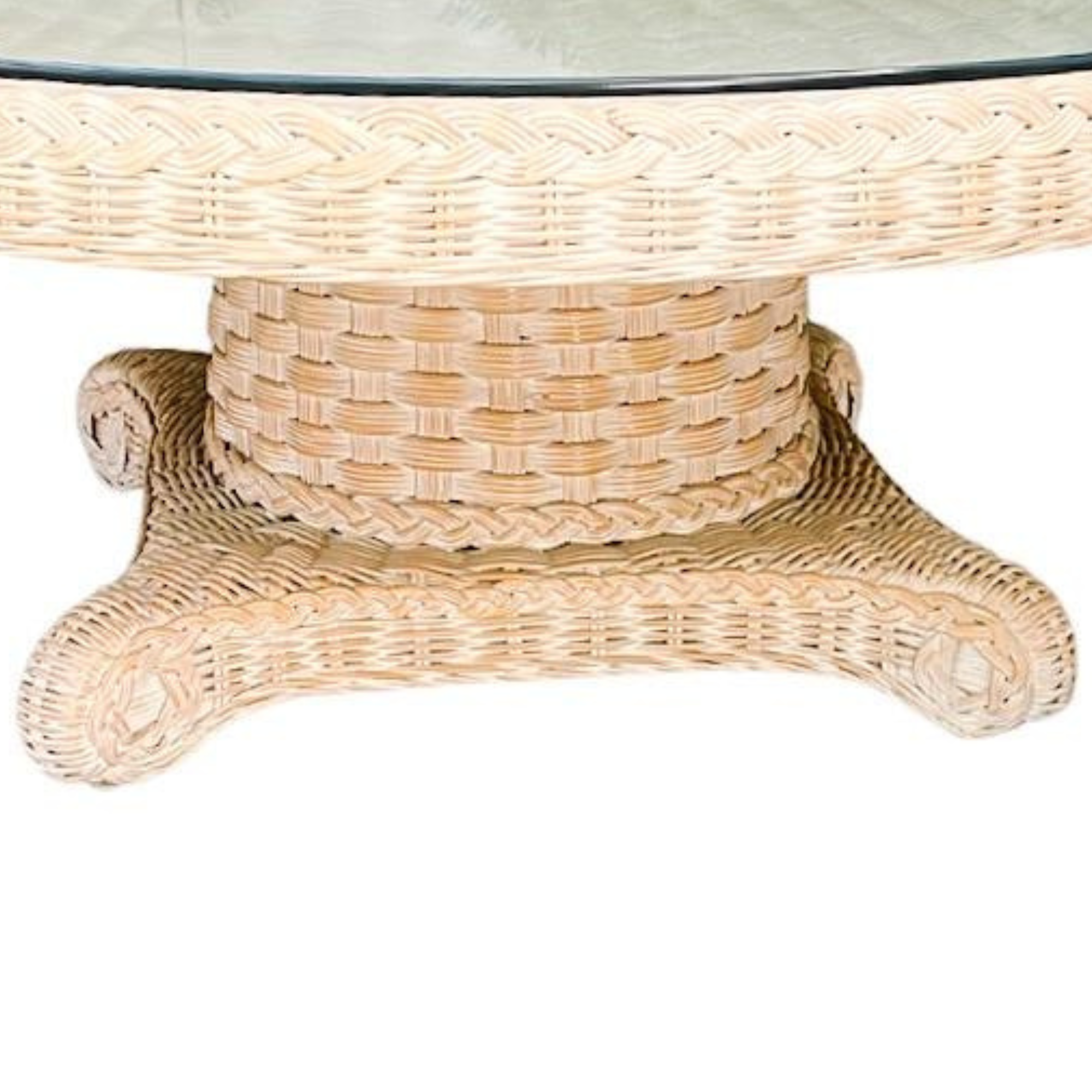 Large 1980s Coastal Round Woven Rattan Wicker Coffee Table With