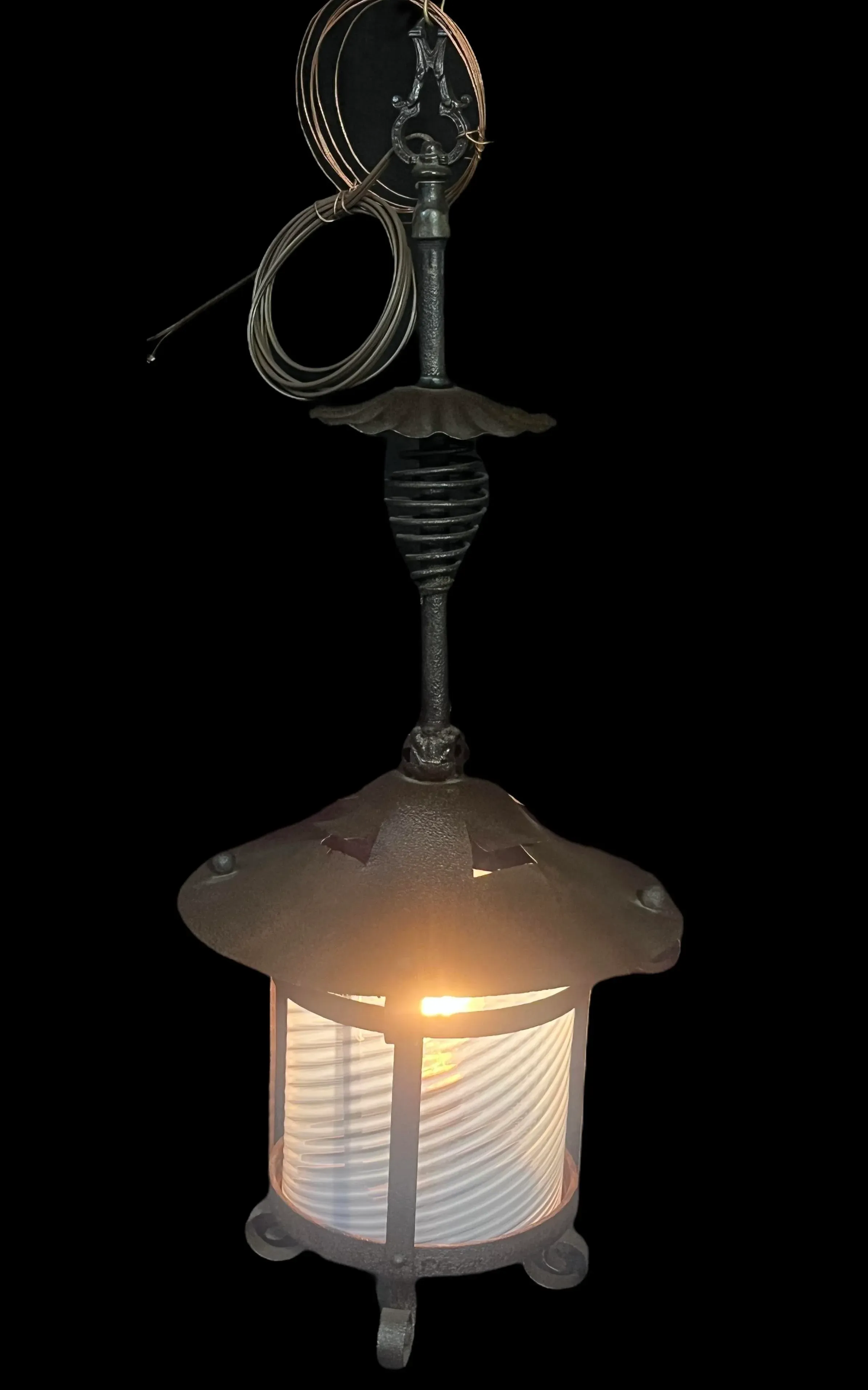 Late 19th Century Dark Cast Iron Pendant Light With Light Blue Shade