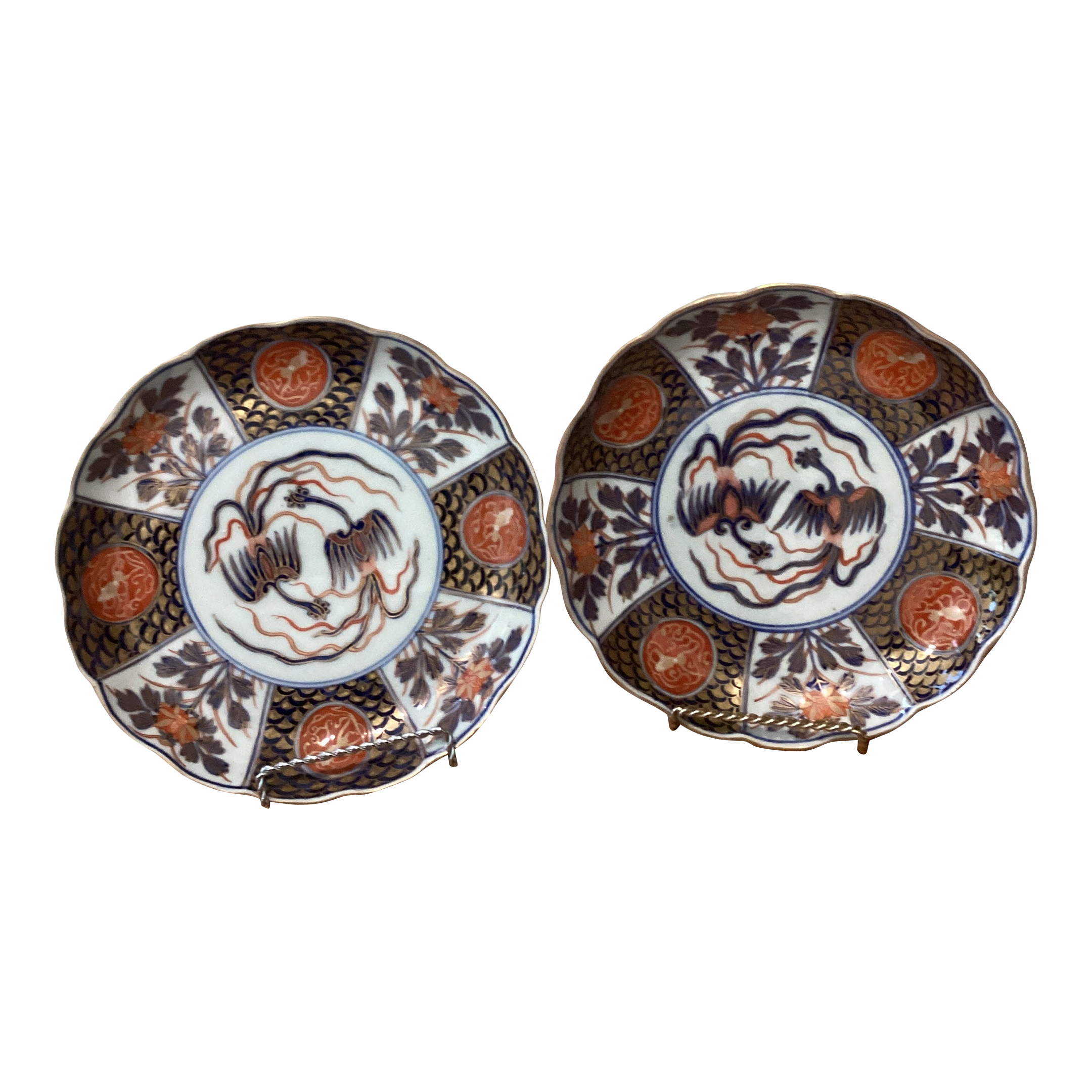 Antique Edo Japanese Imari Pair of Scalloped Porcelain Hand Painted Dishes With Makers Marks