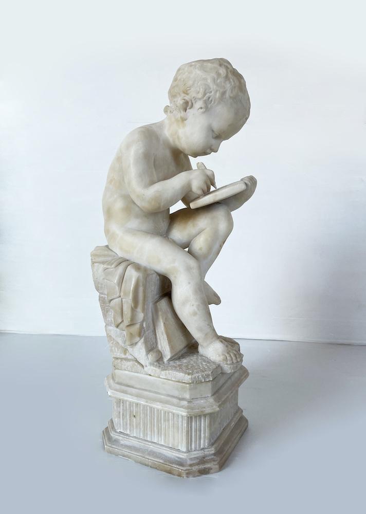 Putto Writing, 1890s, Alabaster Sculpture