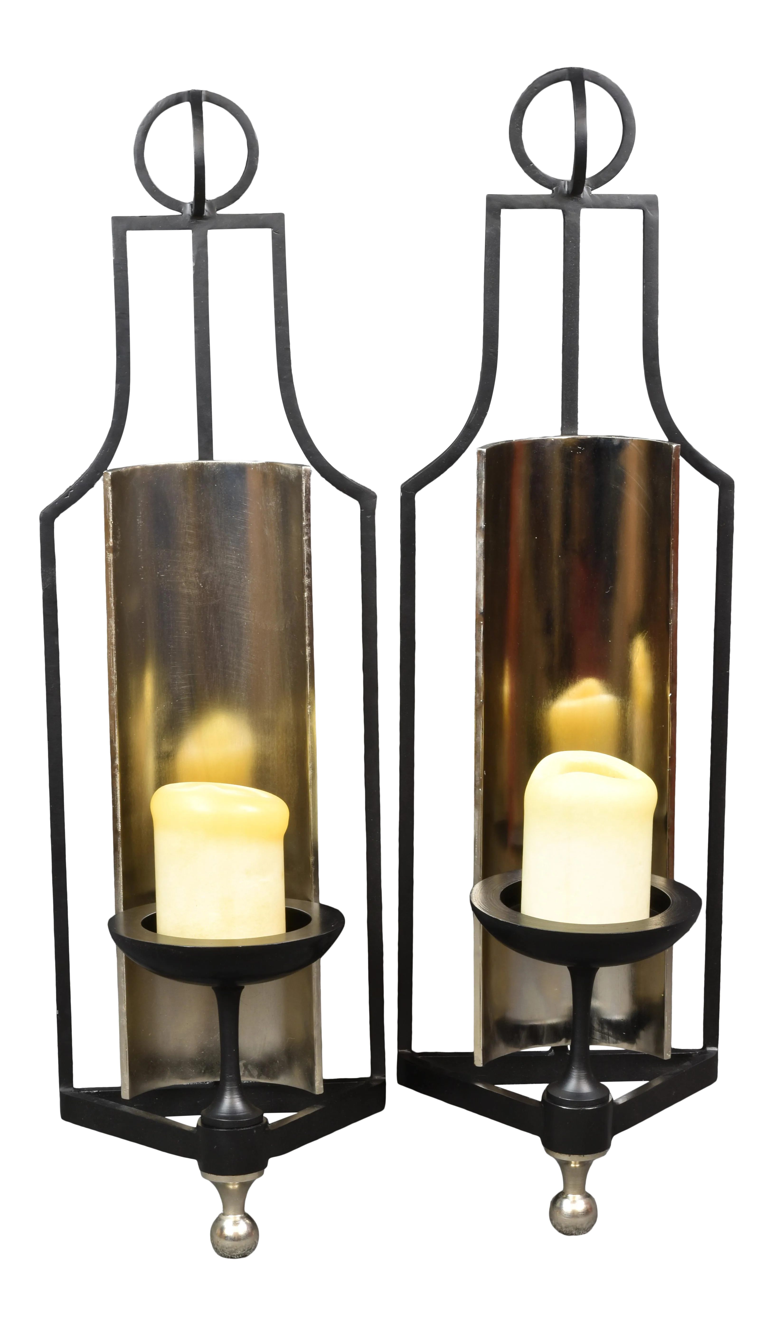 Late 20th Century Tall Neoclassic Wrought Iron and Chrome Candle Holder  Sconce - a Pair, image size:3260x5583
