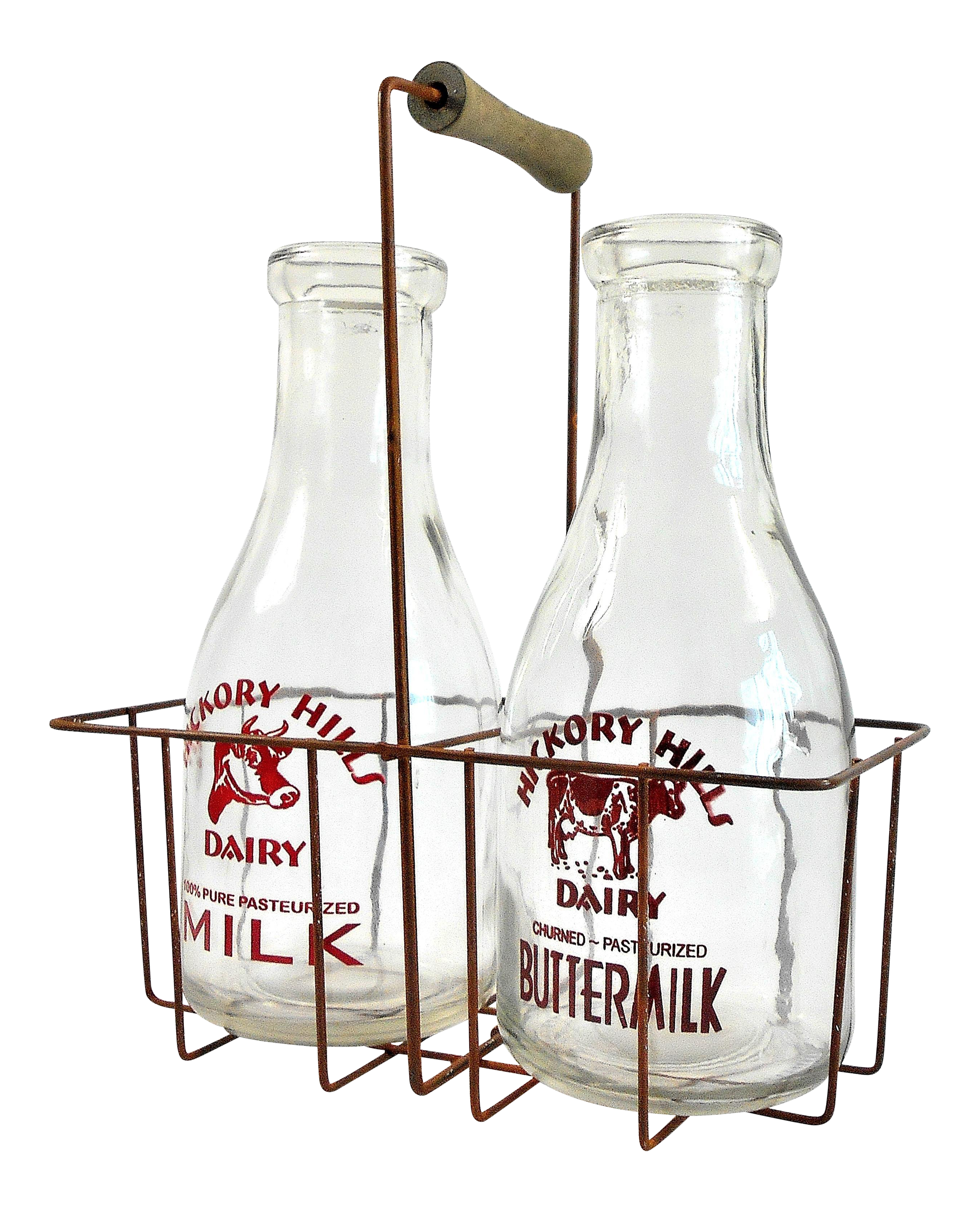 Two Vintage Milk Bottles and Metal Carrier With Wood Handle Chairish