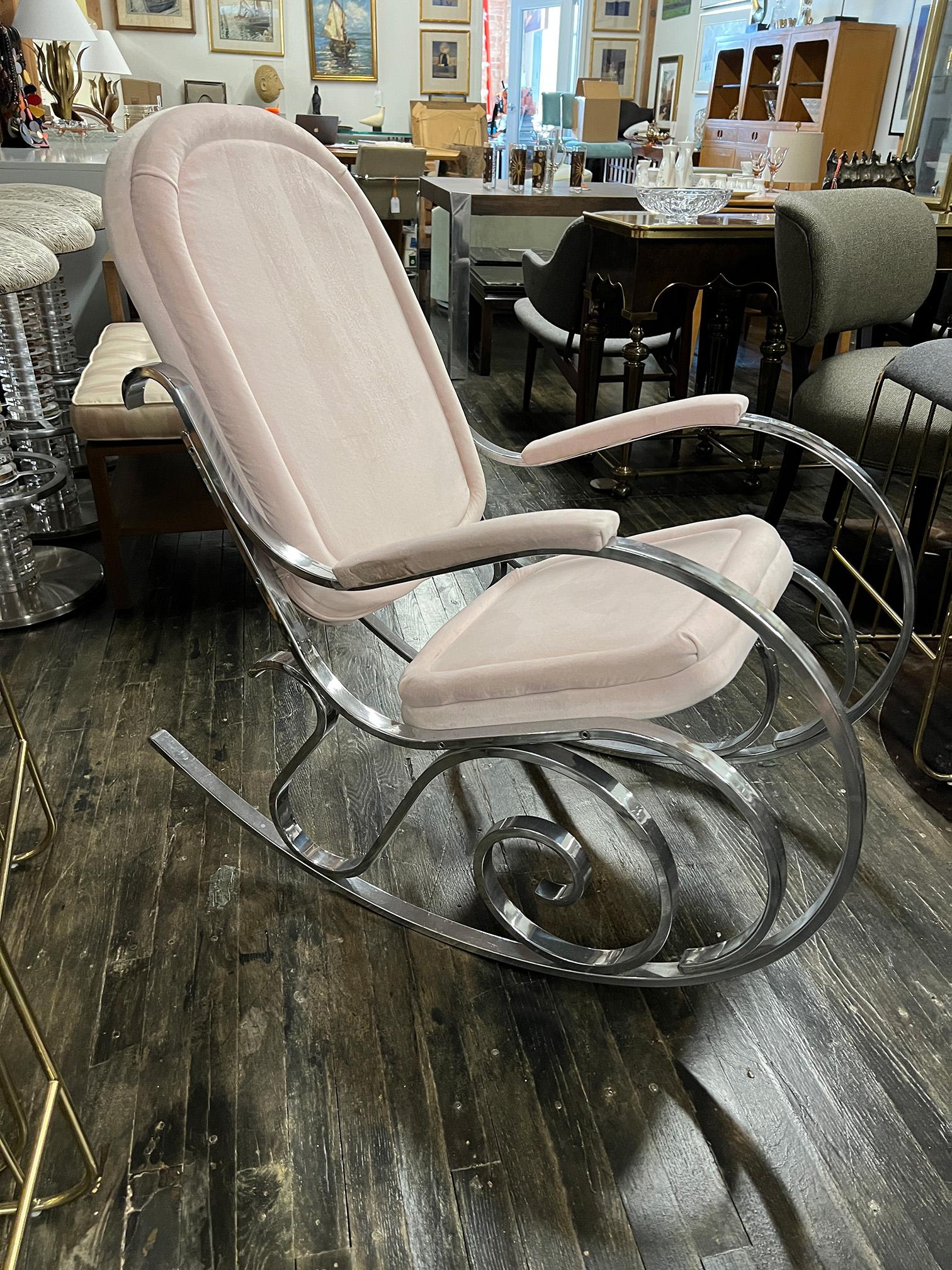 1970\'s Modernist Chrome Maison Jansen Style Hollywood Regency Rocking Chair With Pink Upholstery