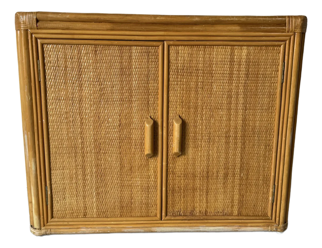 1980\'s Vintage Coastal Rattan Cabinet With Woven Panels