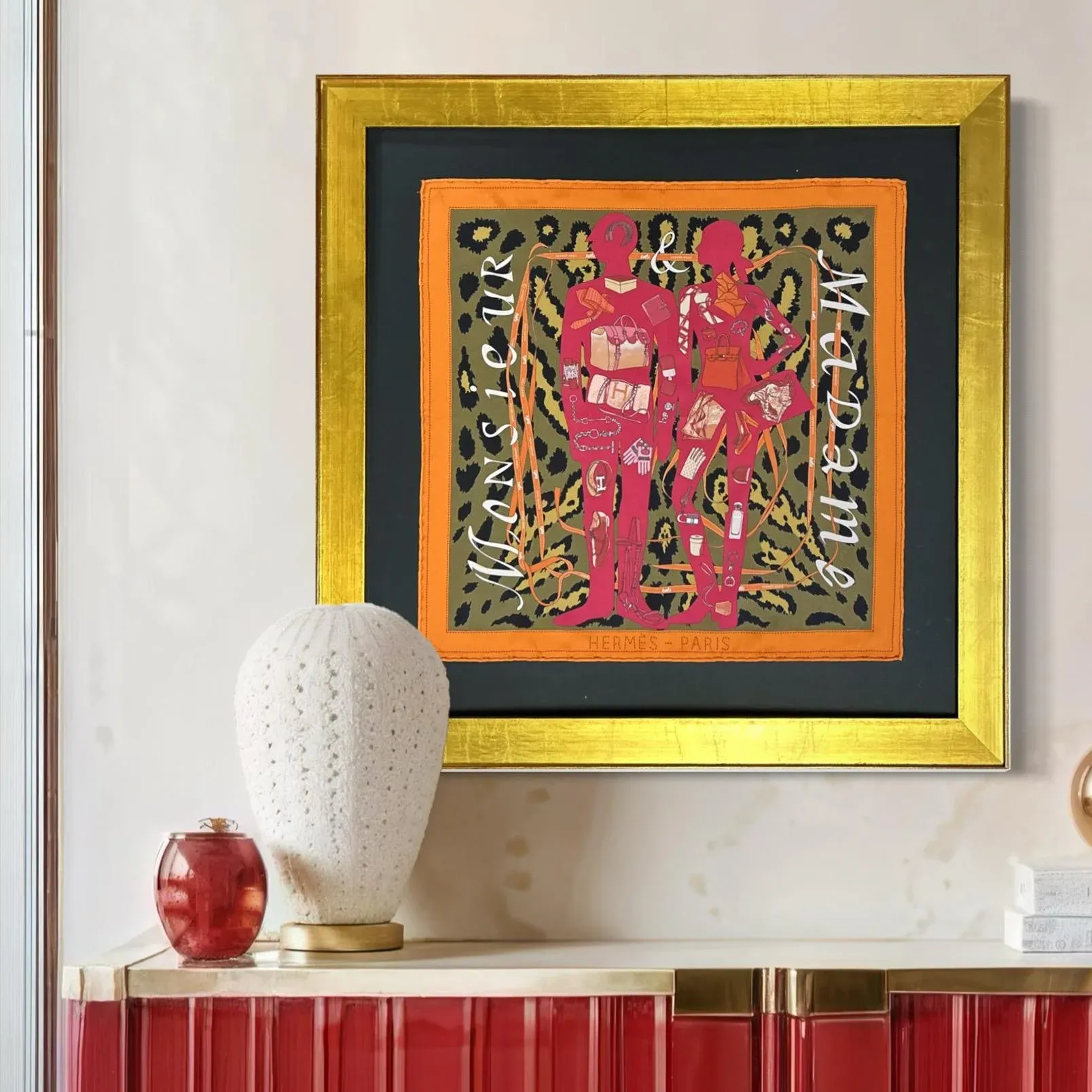 Hermes Monsieur Et Madame Leopard Framed Vintage Silk Scarf | Chairish