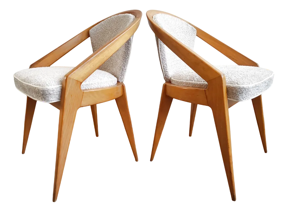 Mid-Century Chairs in Beech & Looped Fabric by Charles Ramos, 1950s, Set of 4