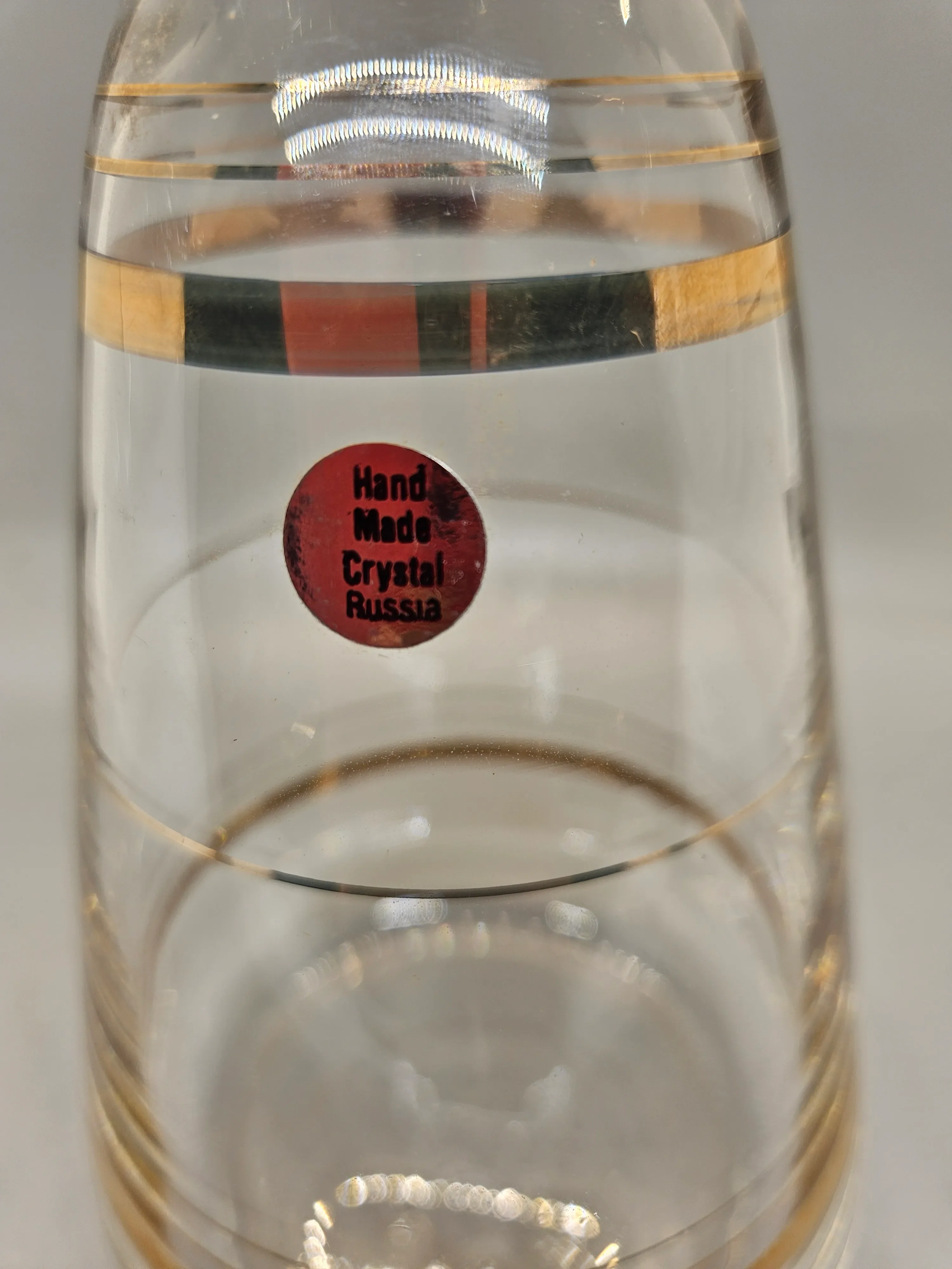 Vintage MCM Decanter Crystal Glass Gold Rings Etched Stripes