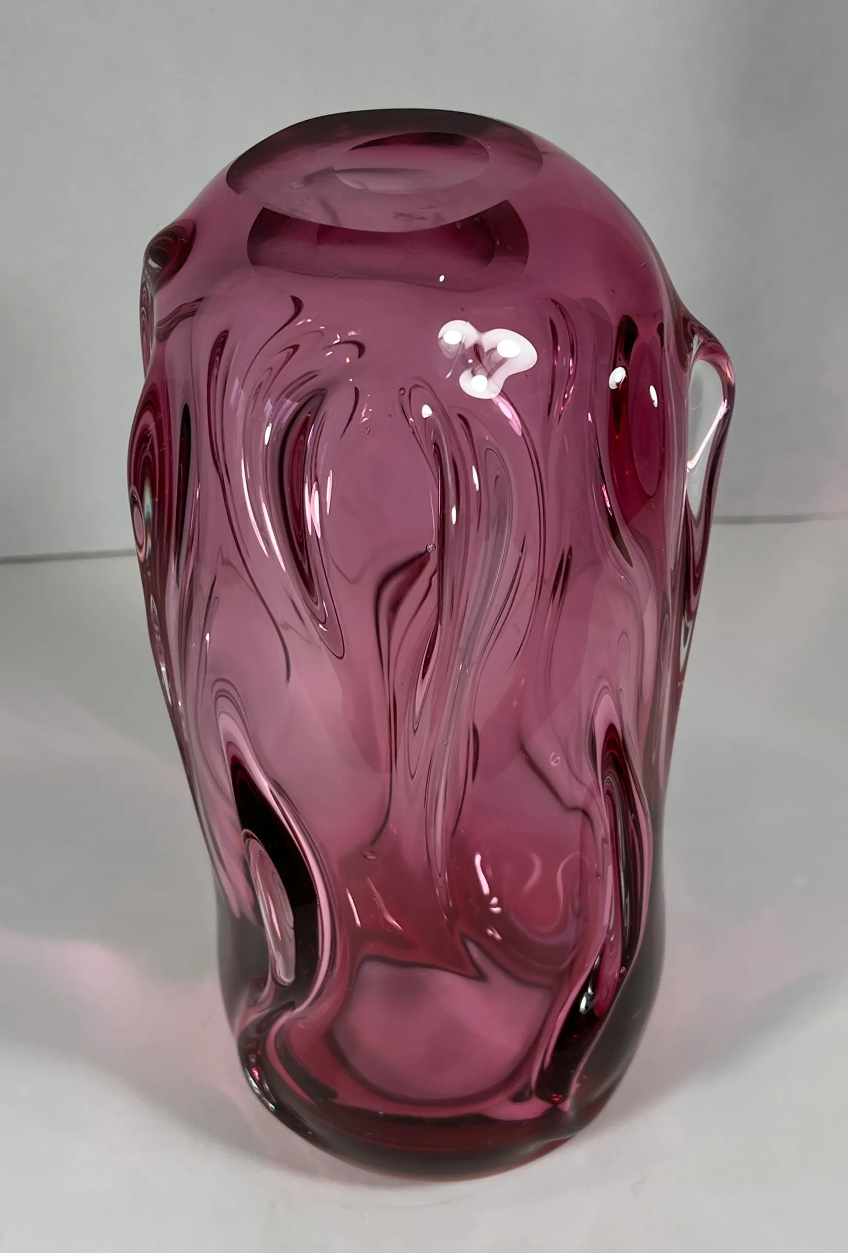Pink Art Glass Vase With Textured Swirls | Chairish