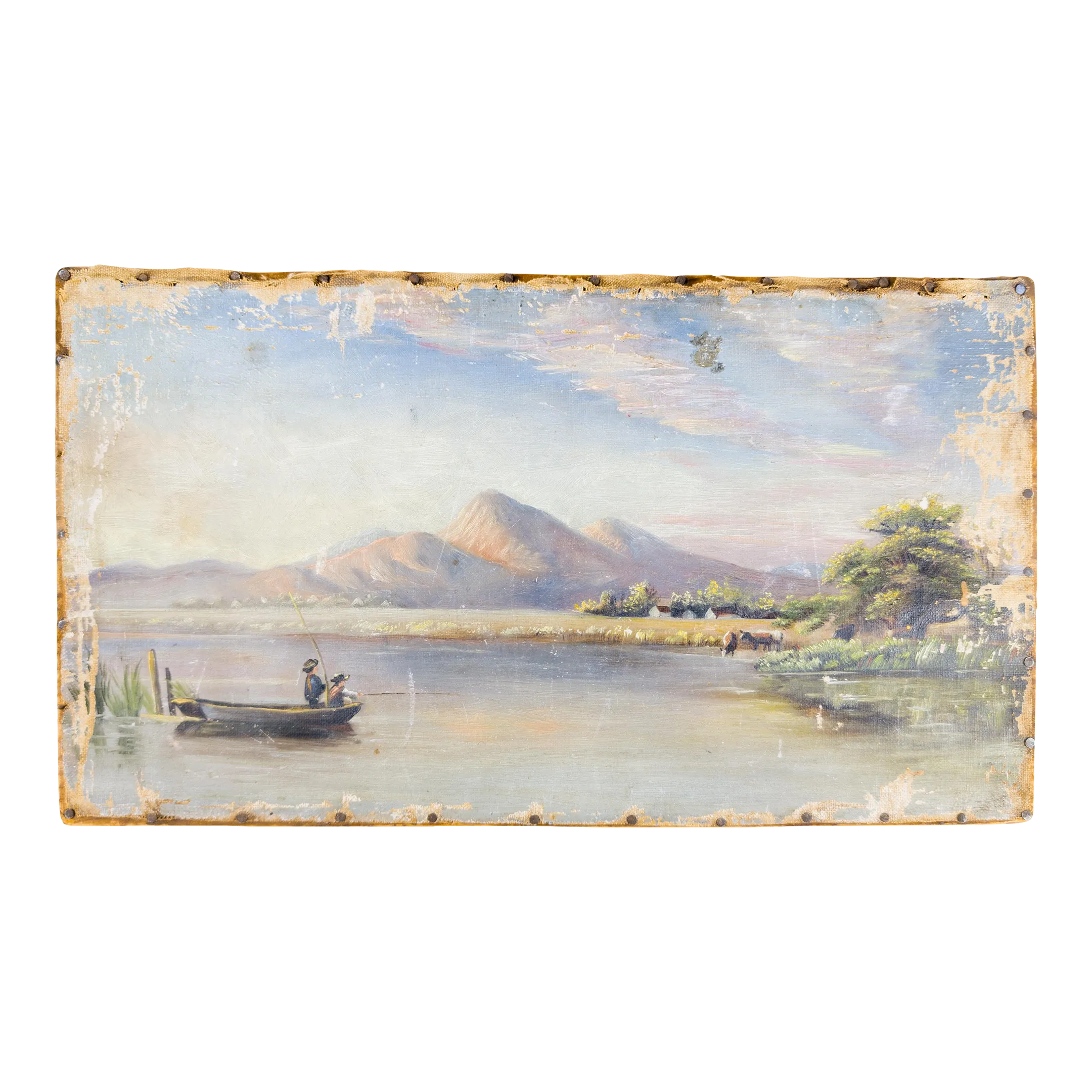 19th Century Rustic Oil on Canvas Landscape Painting With Fishermen