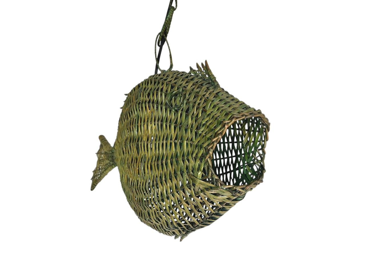 Mid-Century Modern Fish Wicker Rattan Pendant Lamp, 1960s