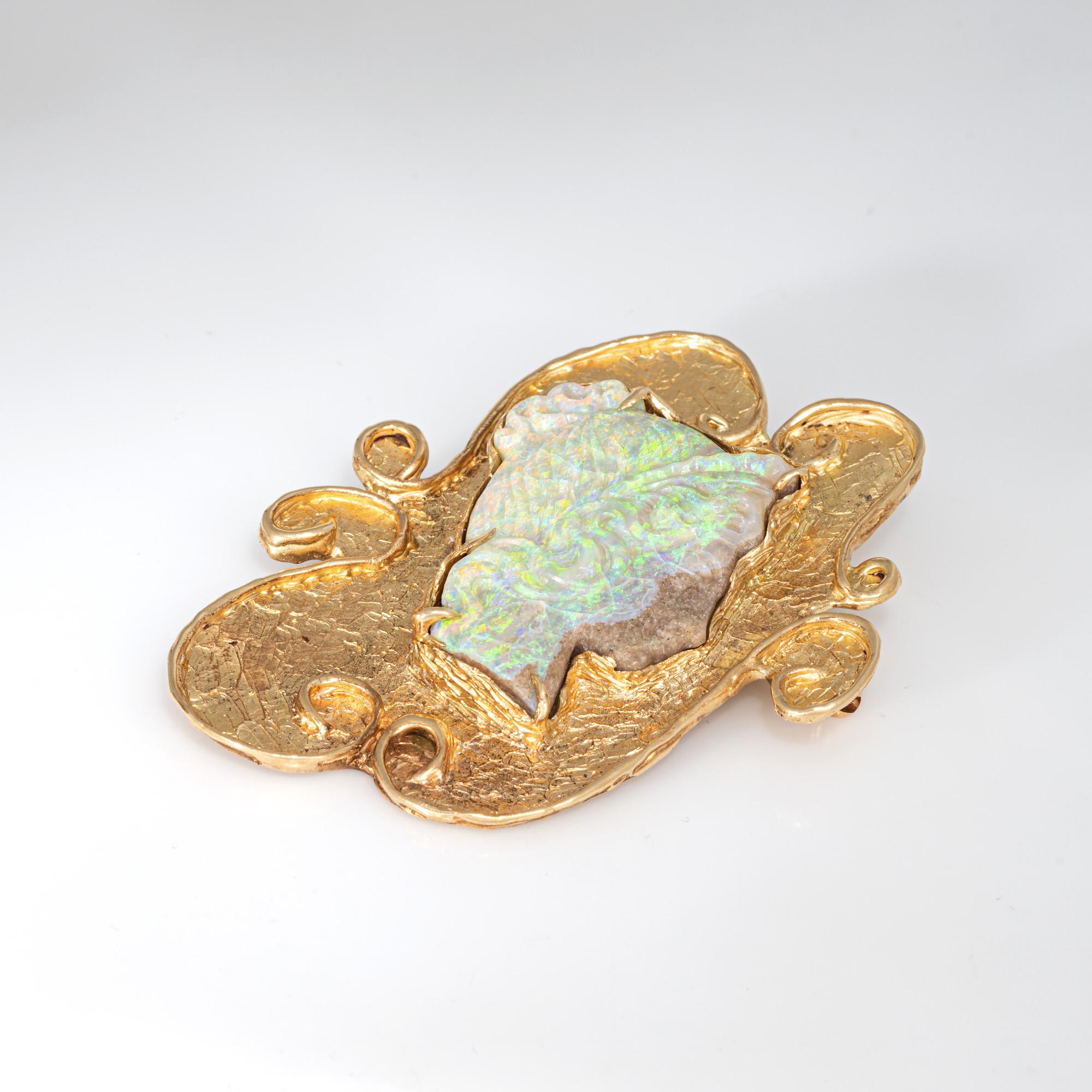 60s Vintage Carved Opal Cameo Pendant 14k Yellow Gold Brooch Fine