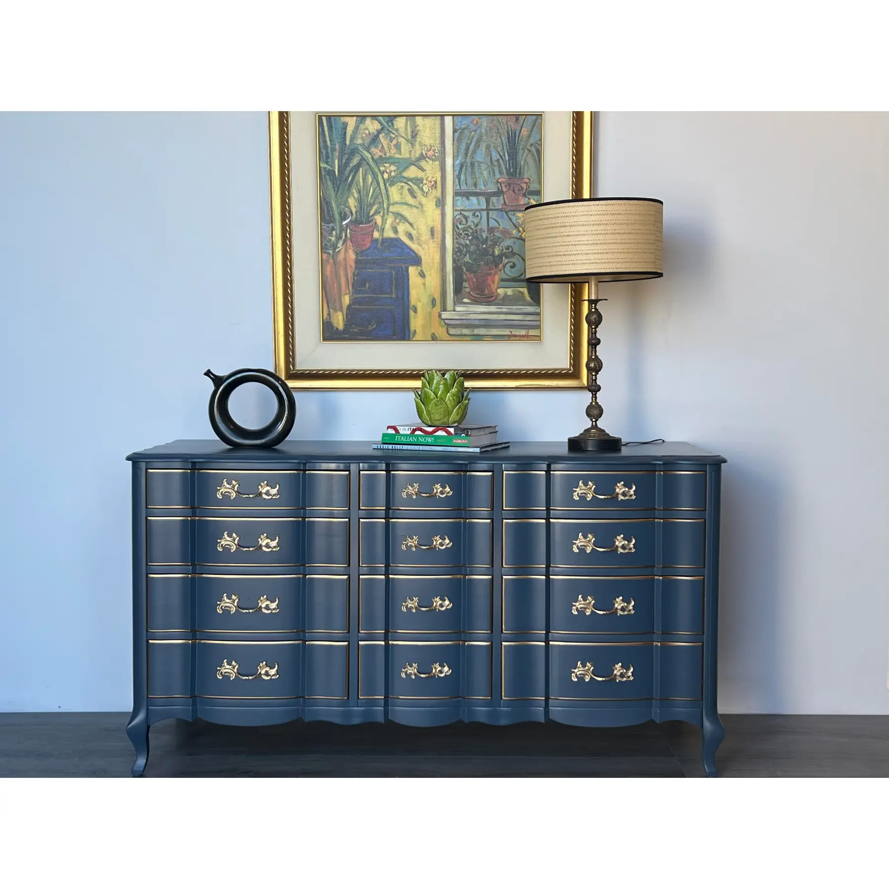 Late 20th Century French Provincial Blue and Gold Dresser