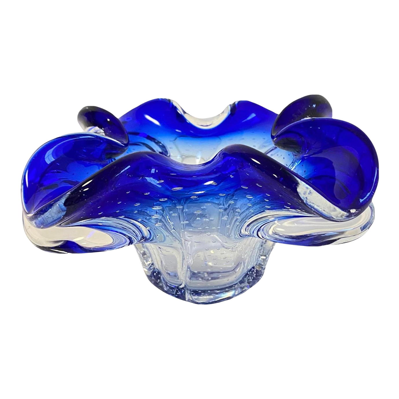 Mid Century 1960s Murano Glass Bowl Bullicante Cobalt Blue Ruffled Edge Chairish