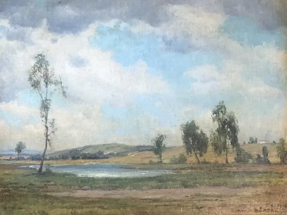 Ludwig Bürgel, Paysage de campagne et étang, Oil on Wood, Framed