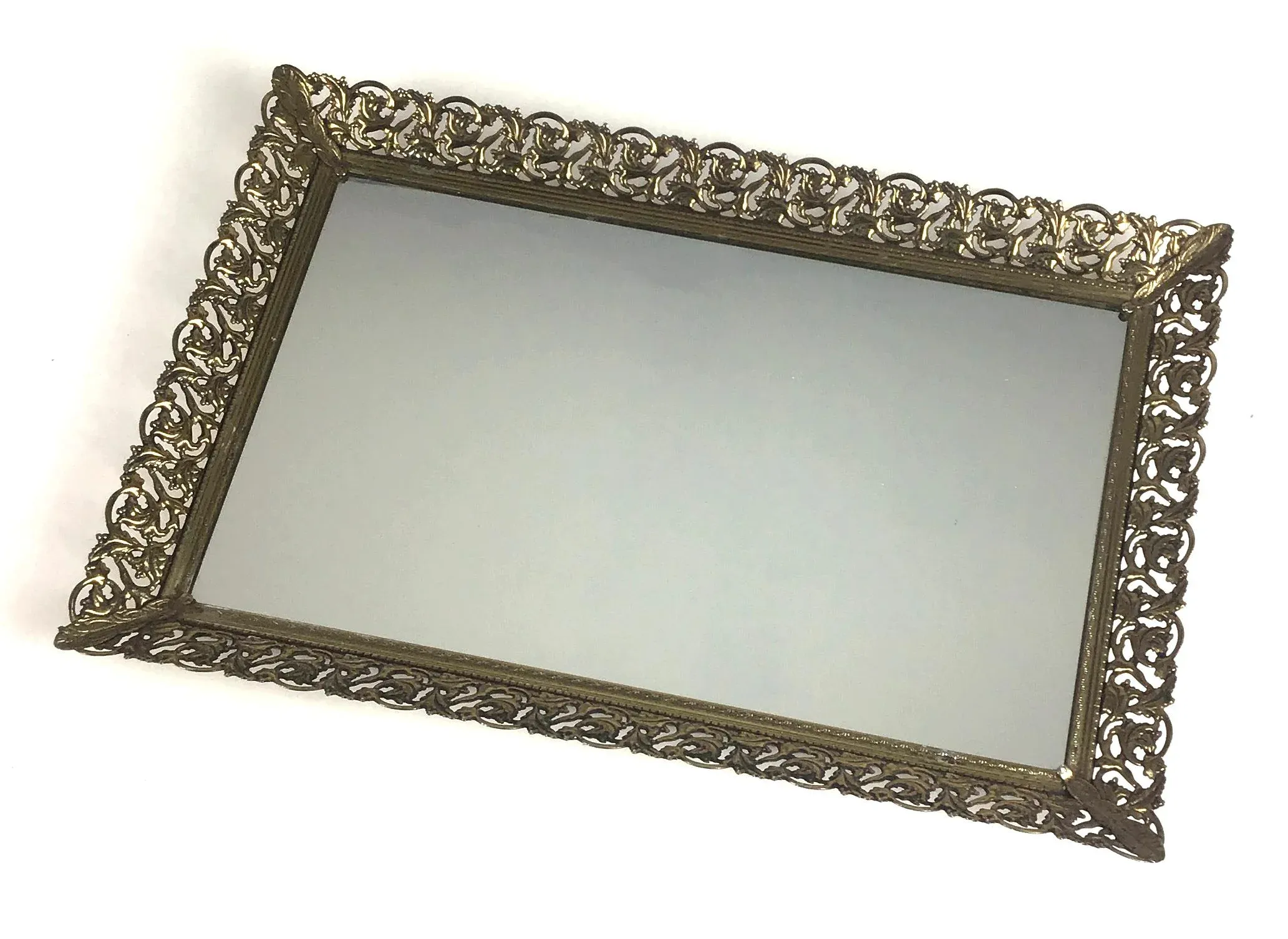 Vintage Dressing Table Carved Metal Mirror Tray | Chairish