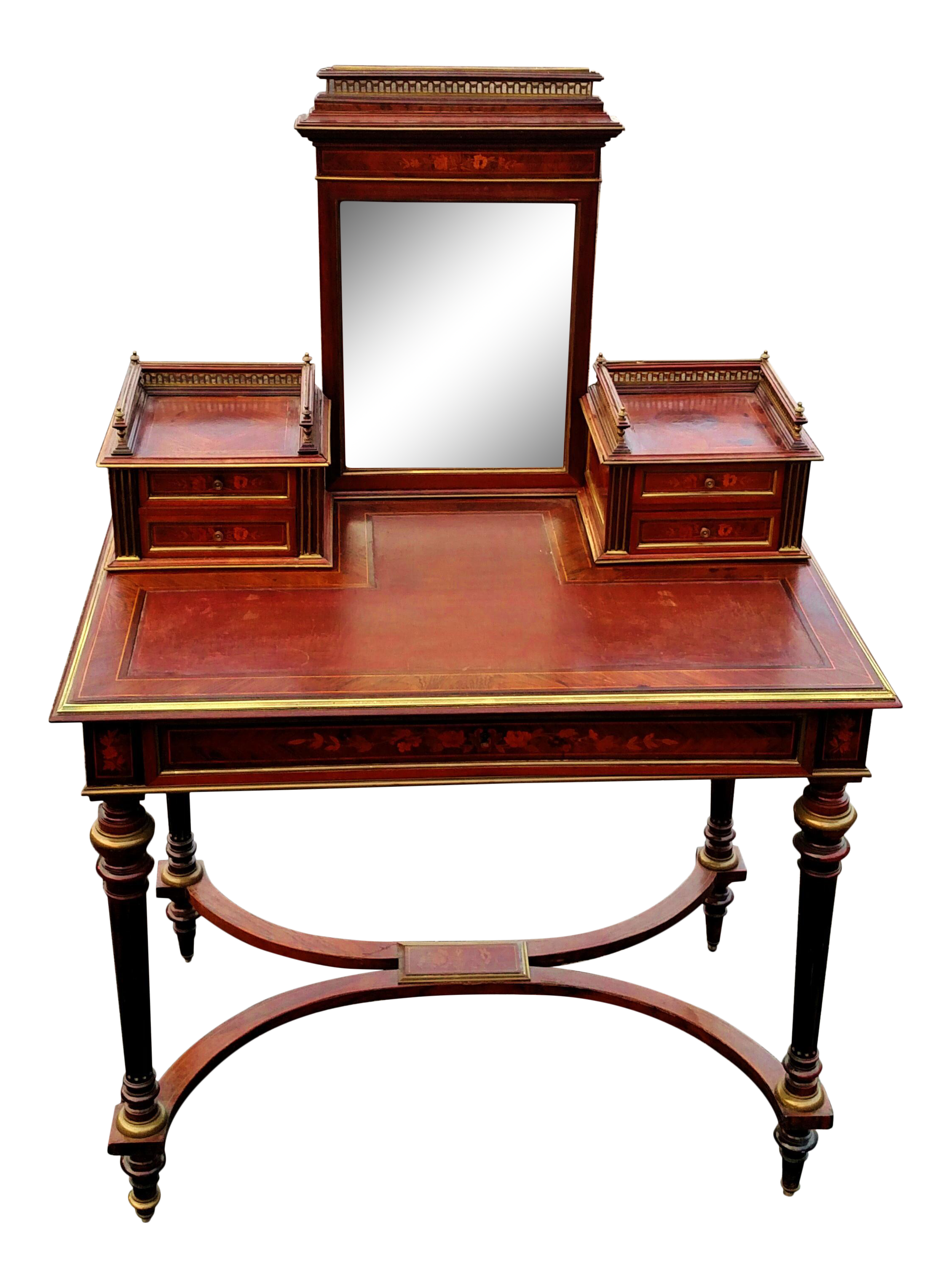 Antique 19th C FRENCH Satin Inlaid & Bronze mounted & Leather Top