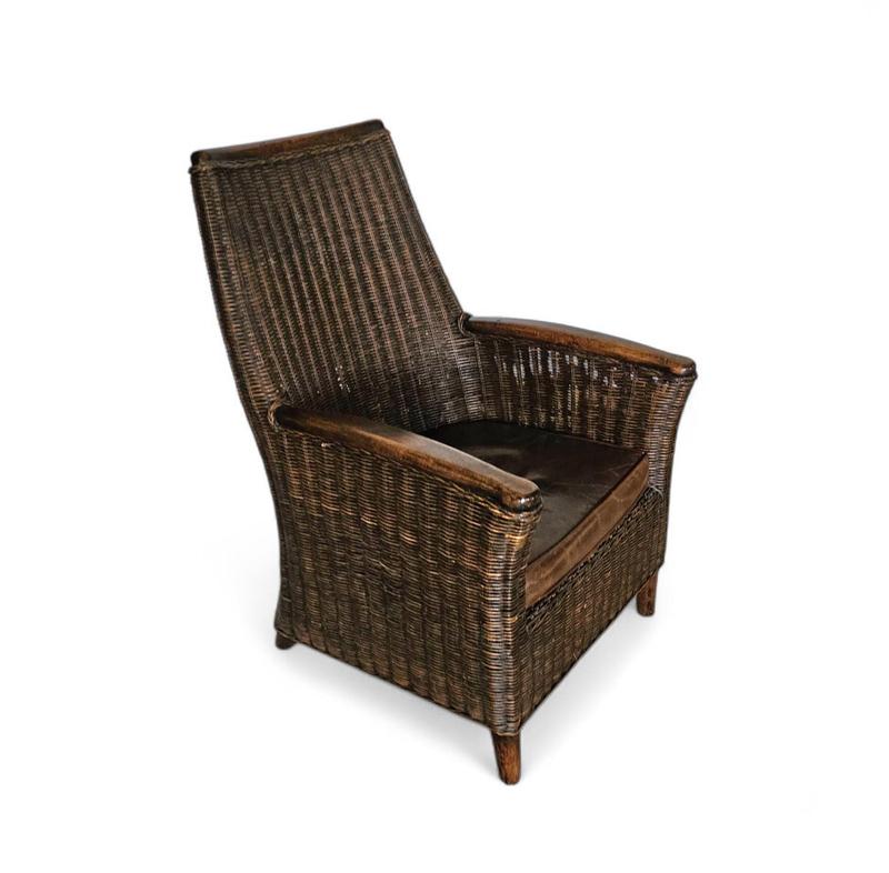 Rattan Armchair with Wooden Armrests and Leather Seat, 1960s