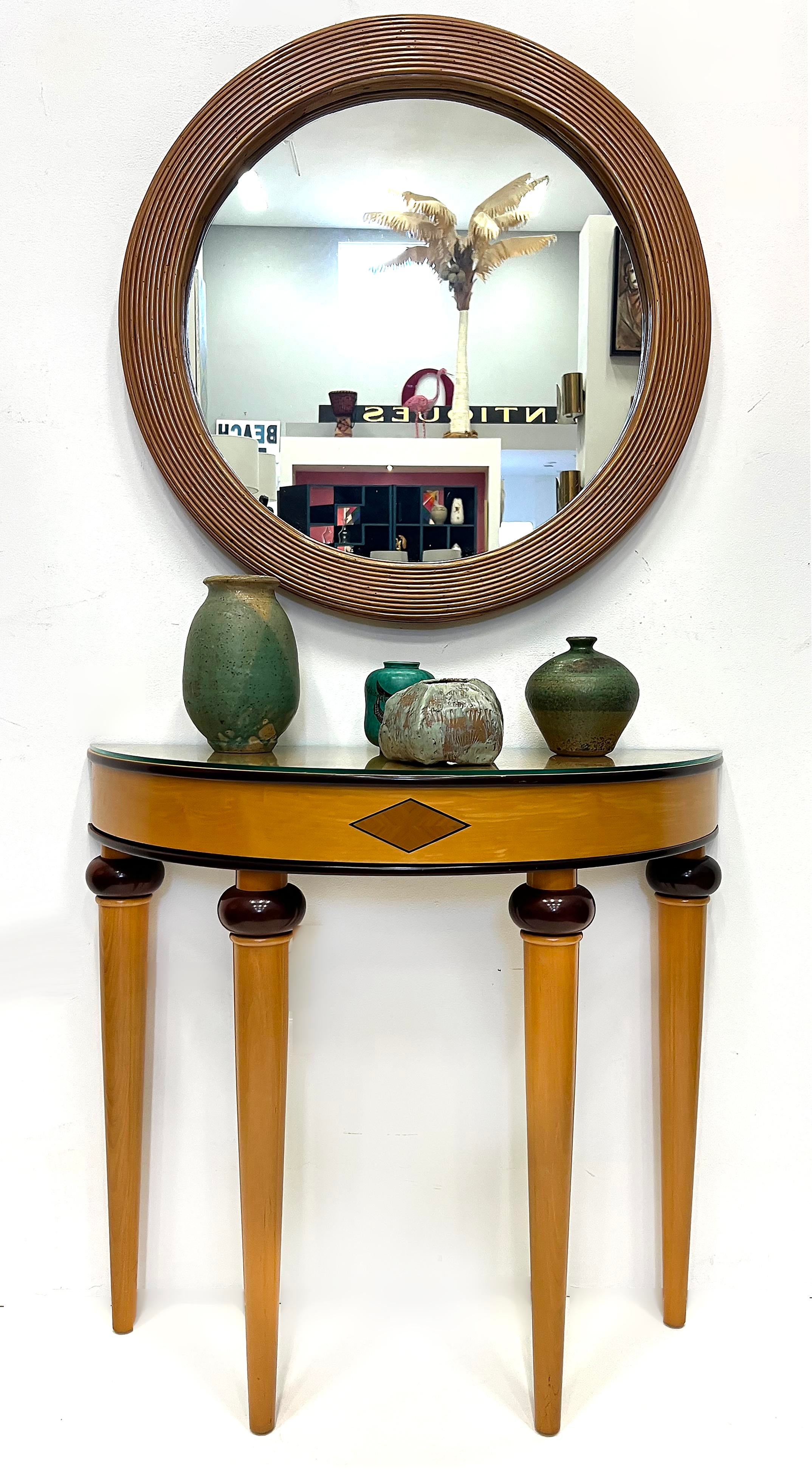 Vintage 1980s Art Deco Revival Demi-Lune Wood Console Table