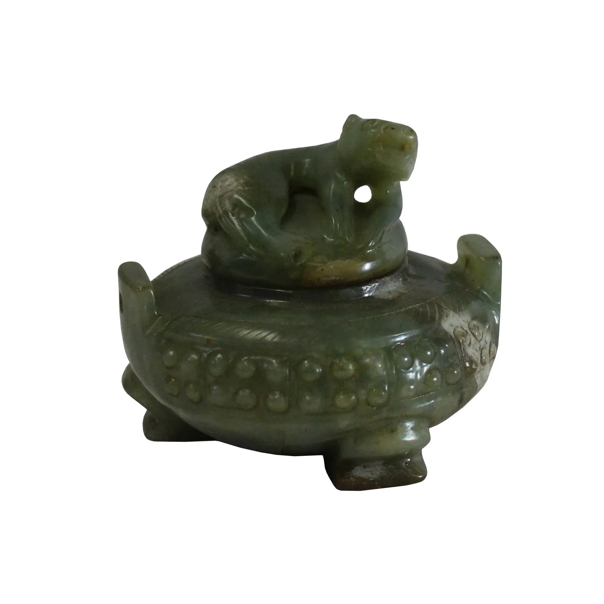 Chinese Jade Green Color Stone Carved Incense Holder Display Art