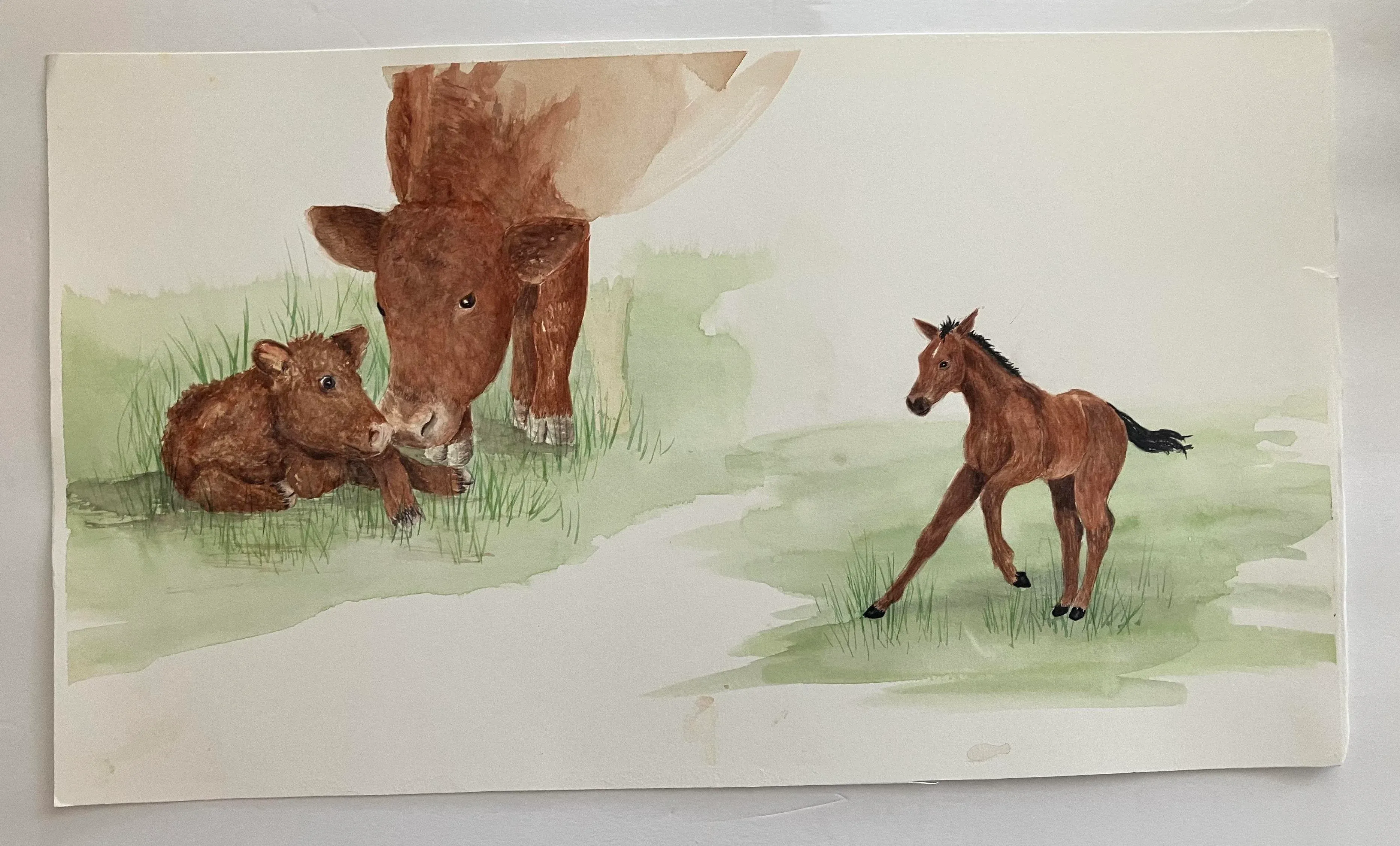 水彩壁絵 Watercolor *The Tender Calf Calf* cow-calf-and-colt-watercolor-