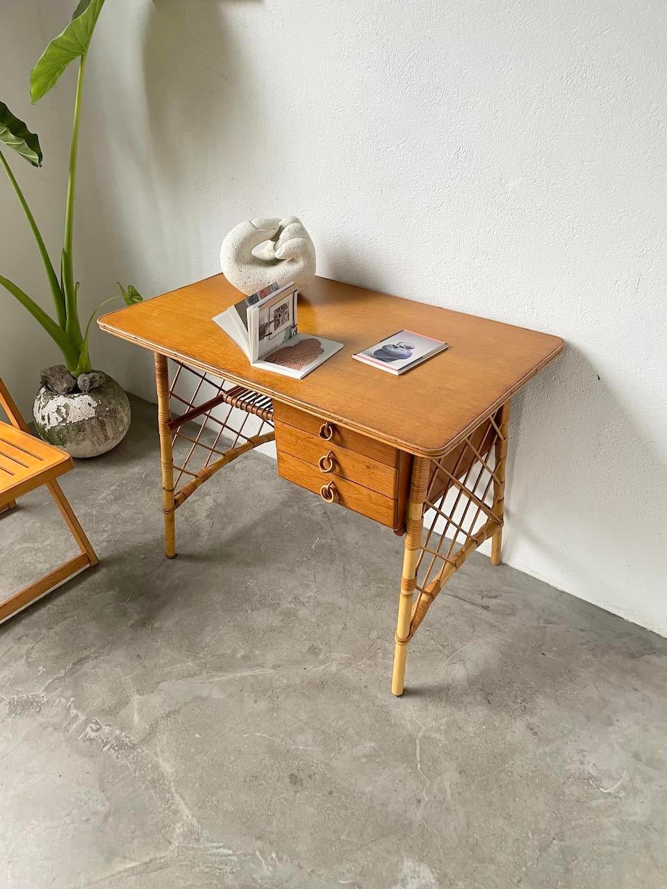 Vintage Rattan Desk and Chair by Louis Sognot, 1960s, Set of