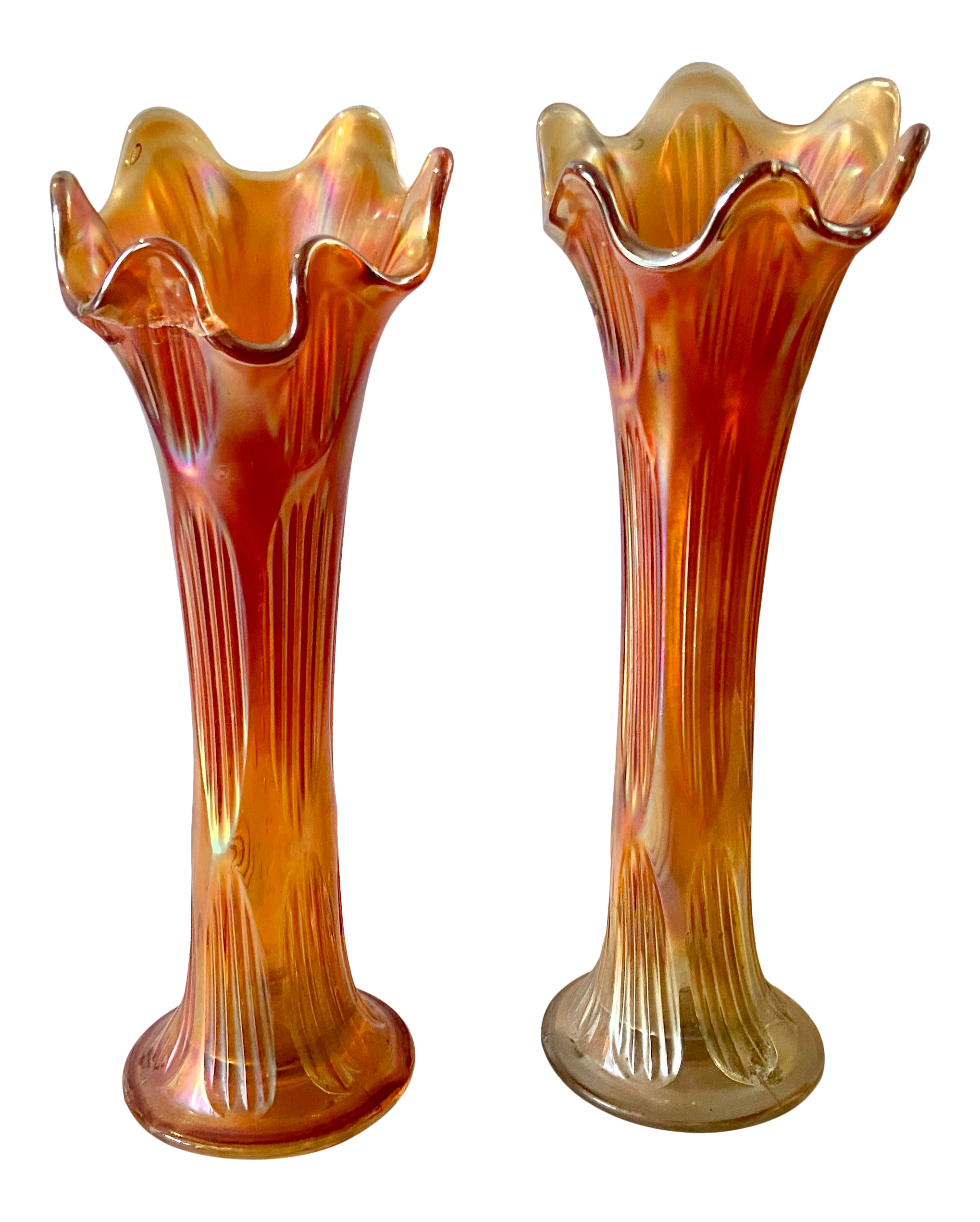 20th Century Contemporary Orange Iridescent Carnival Depression Glass Vases  - a Pair | Chairish