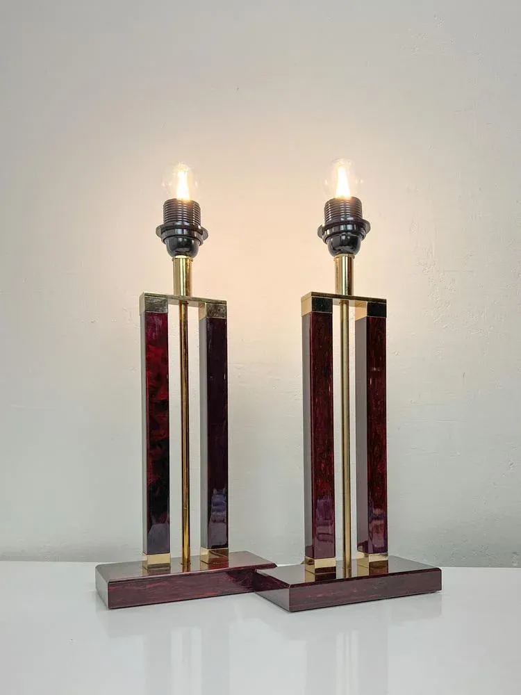 Dutch Brass and Red Acrylic Colomn Table Lamps, 1970, Set of 2