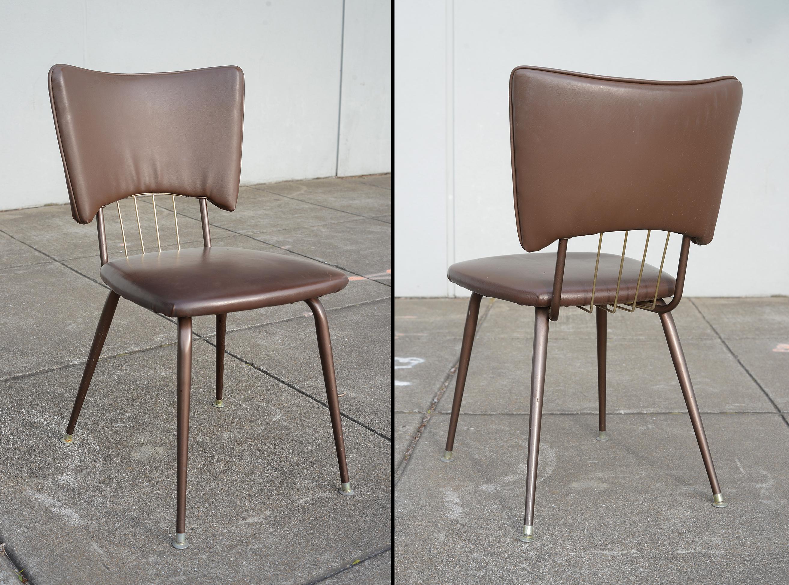 1950s Mid Century Atomic Metal Dining Chairs With Brown Vinyl Set of 6