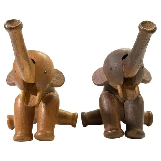 Kay Bojesen Pair of Carved and Articulated Oak Elephants, From