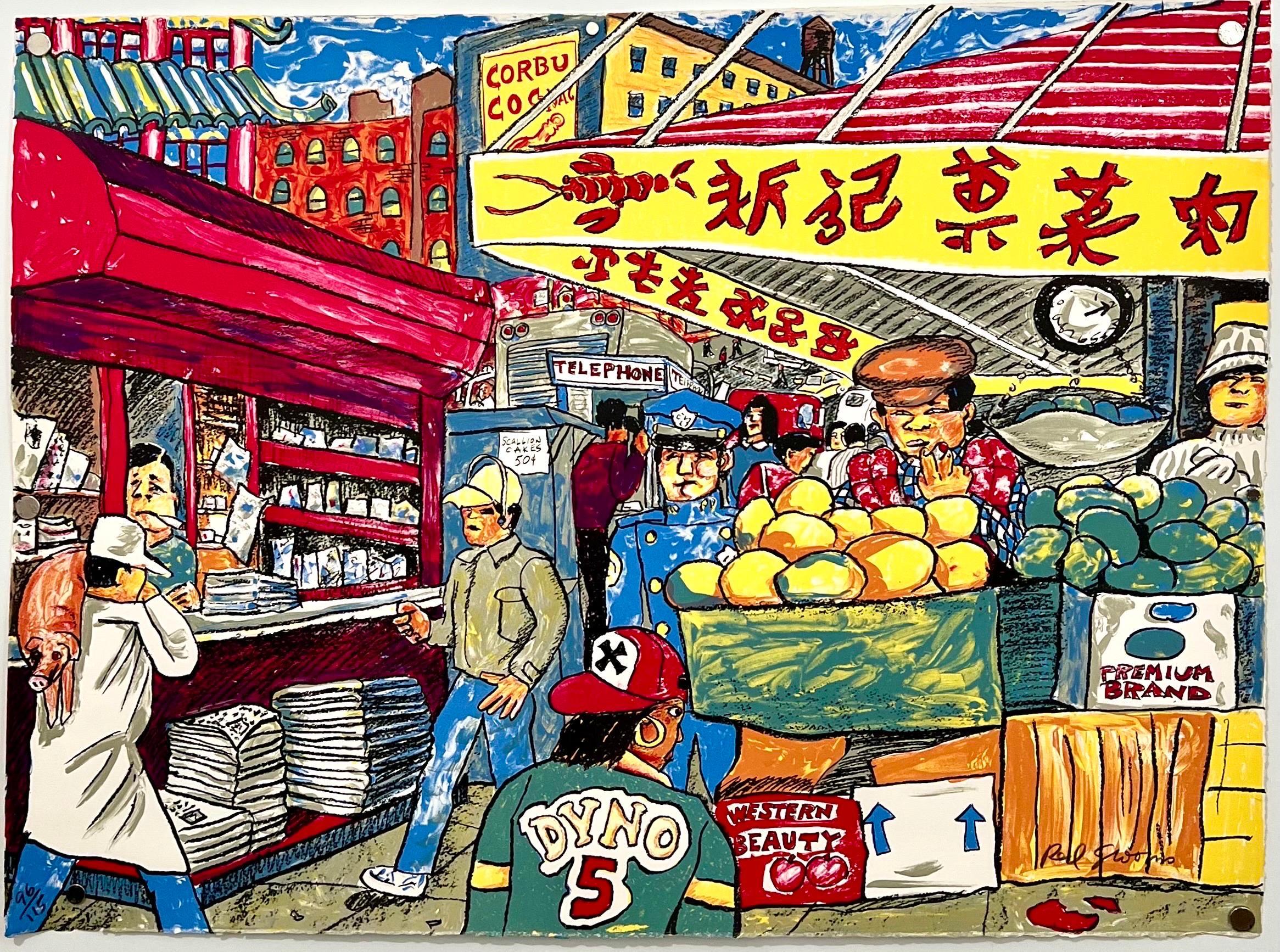 Red Grooms, Red Grooms Canal St Chinatown Manhattan New York City Lithograph Cartoon Pop Art, 1993