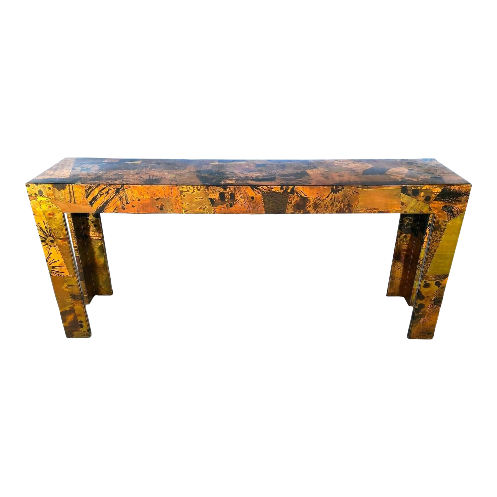 1970s Brutalist Copper Patchwork Console Table - Style of Paul Evans