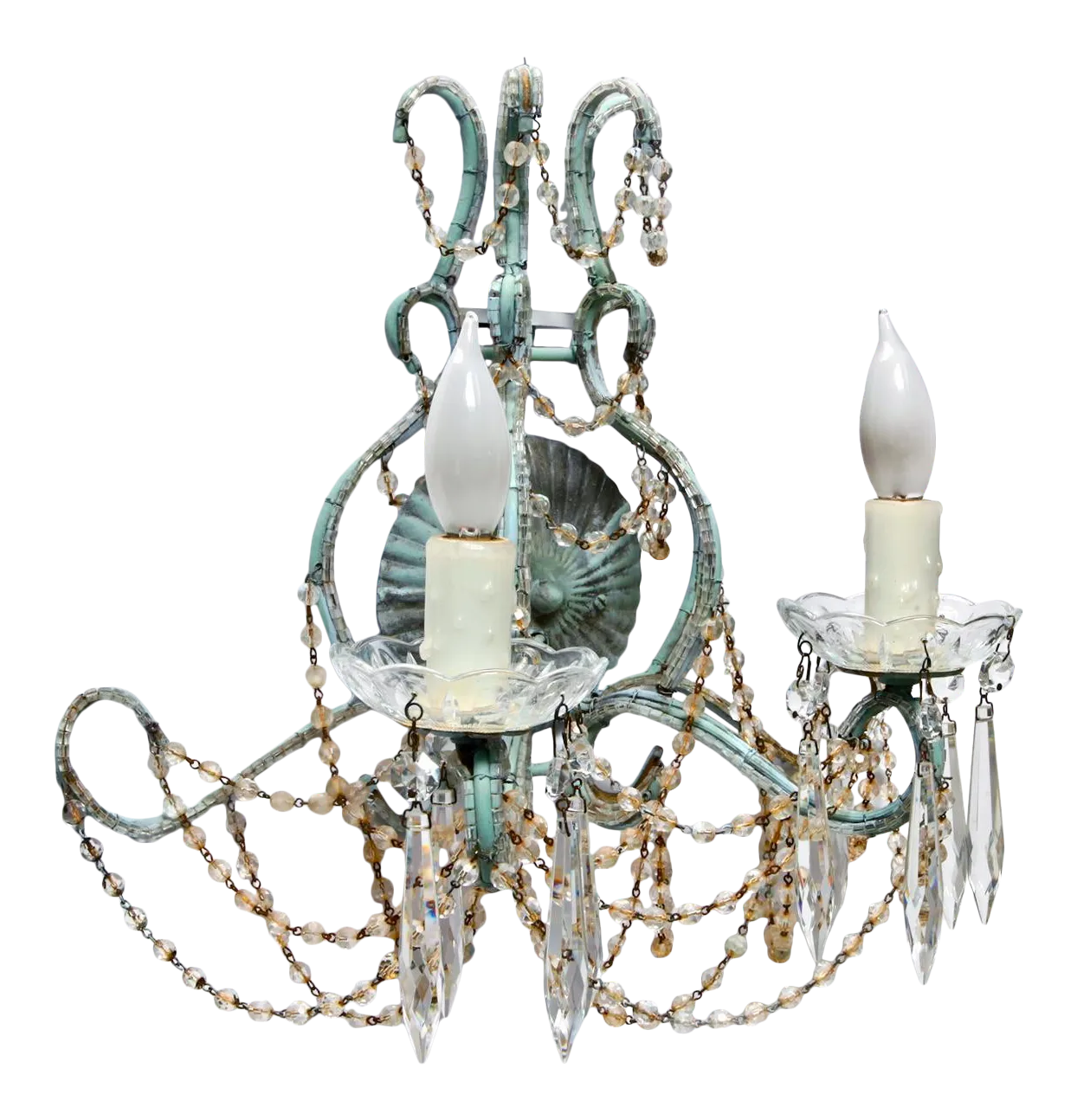 Early 20th Century Teal Crystal Beaded Wall Chandelier Sconce