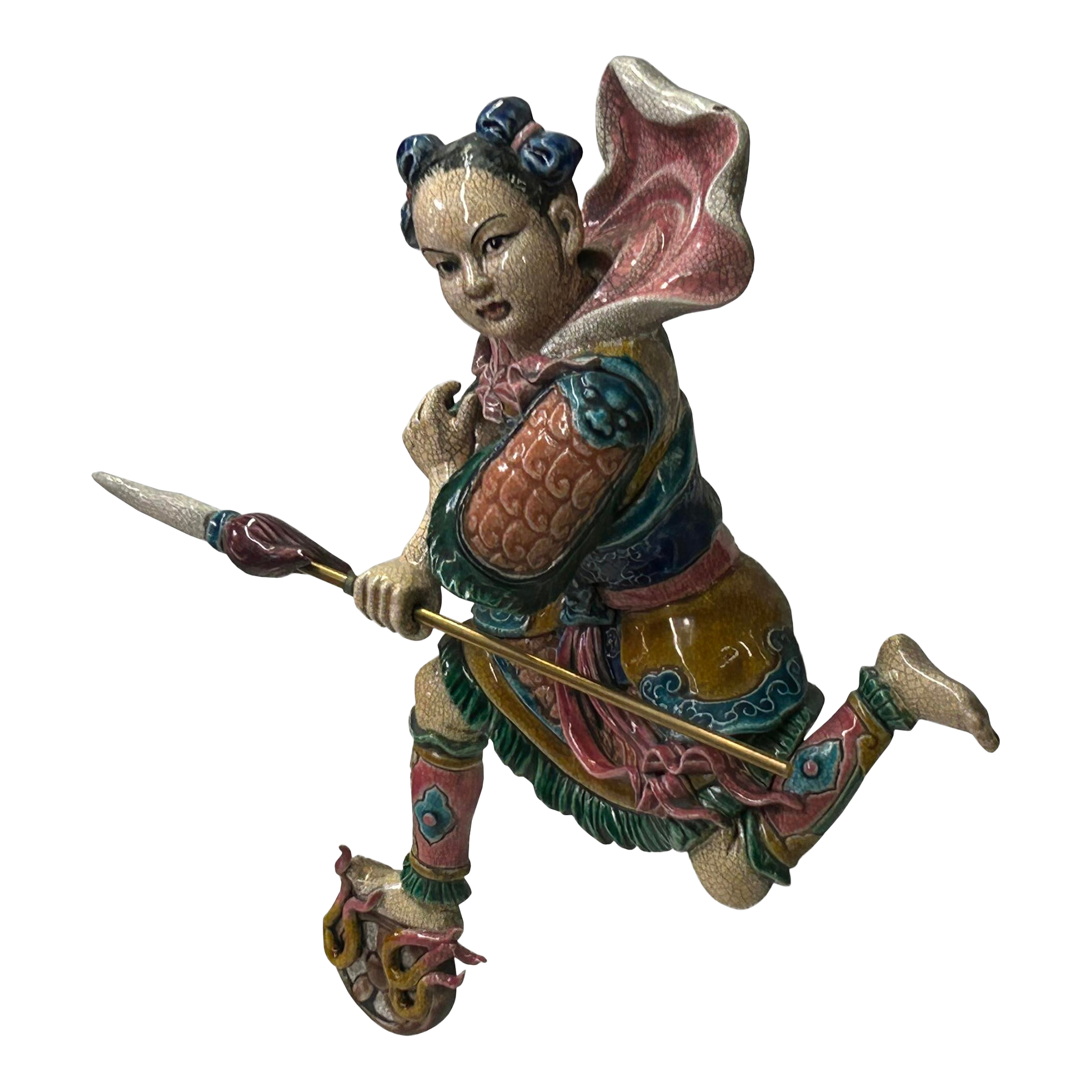 Chinese Vintage Color Ceramic NeZha Riding Fire Wheel Figure