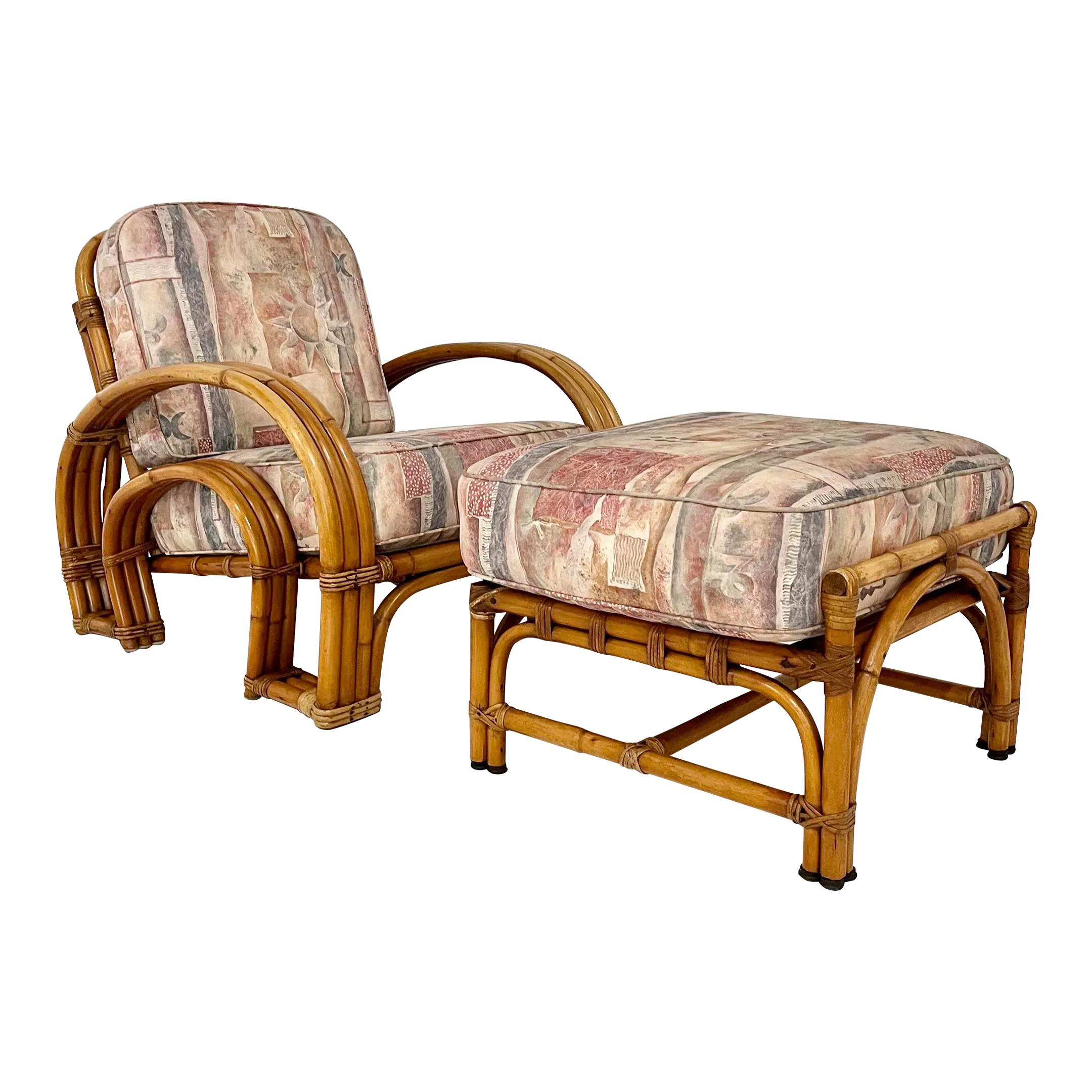 Mid Century Rattan Horseshoe Lounge Chair and Ottoman Set