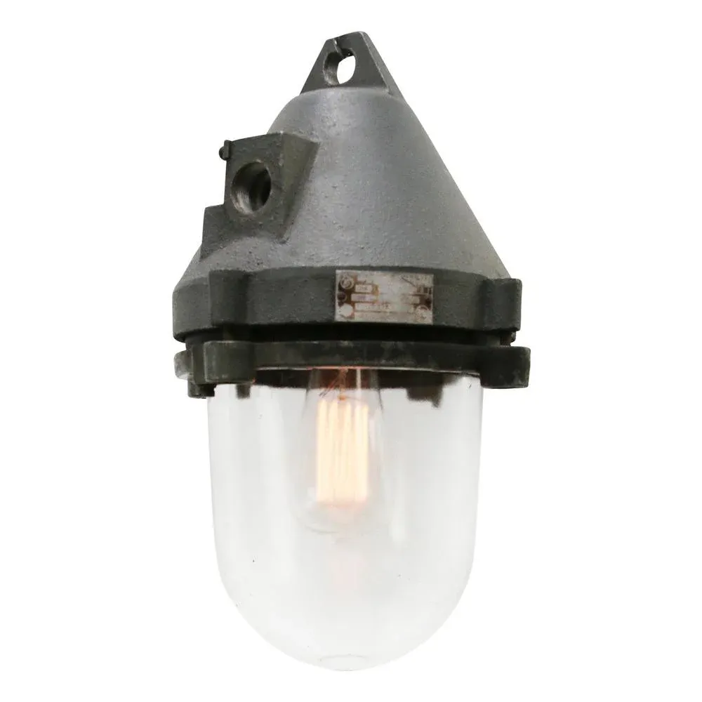 Vintage Industrial Clear Glass & Grey Pendant Light