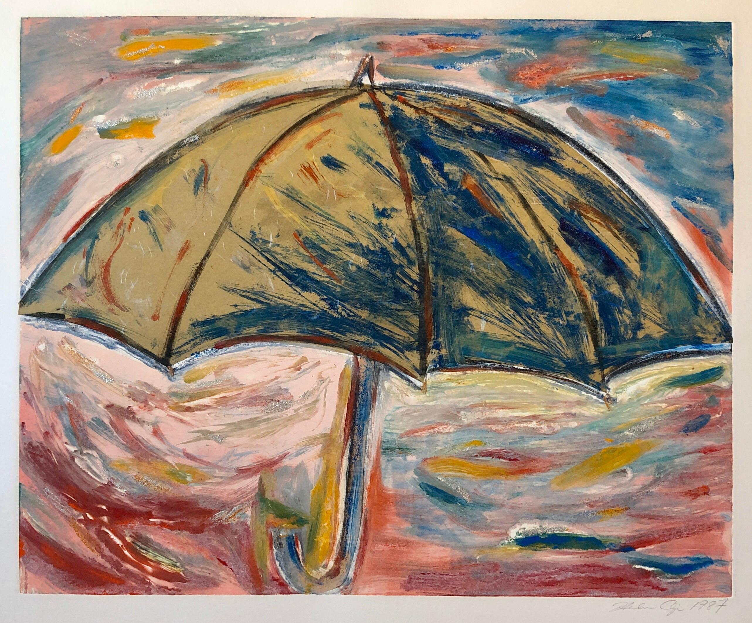 Helen Oji, Umbrella, Monotype with Hand Painting, Glitter, Asian American Art, Woman Artist, 1987